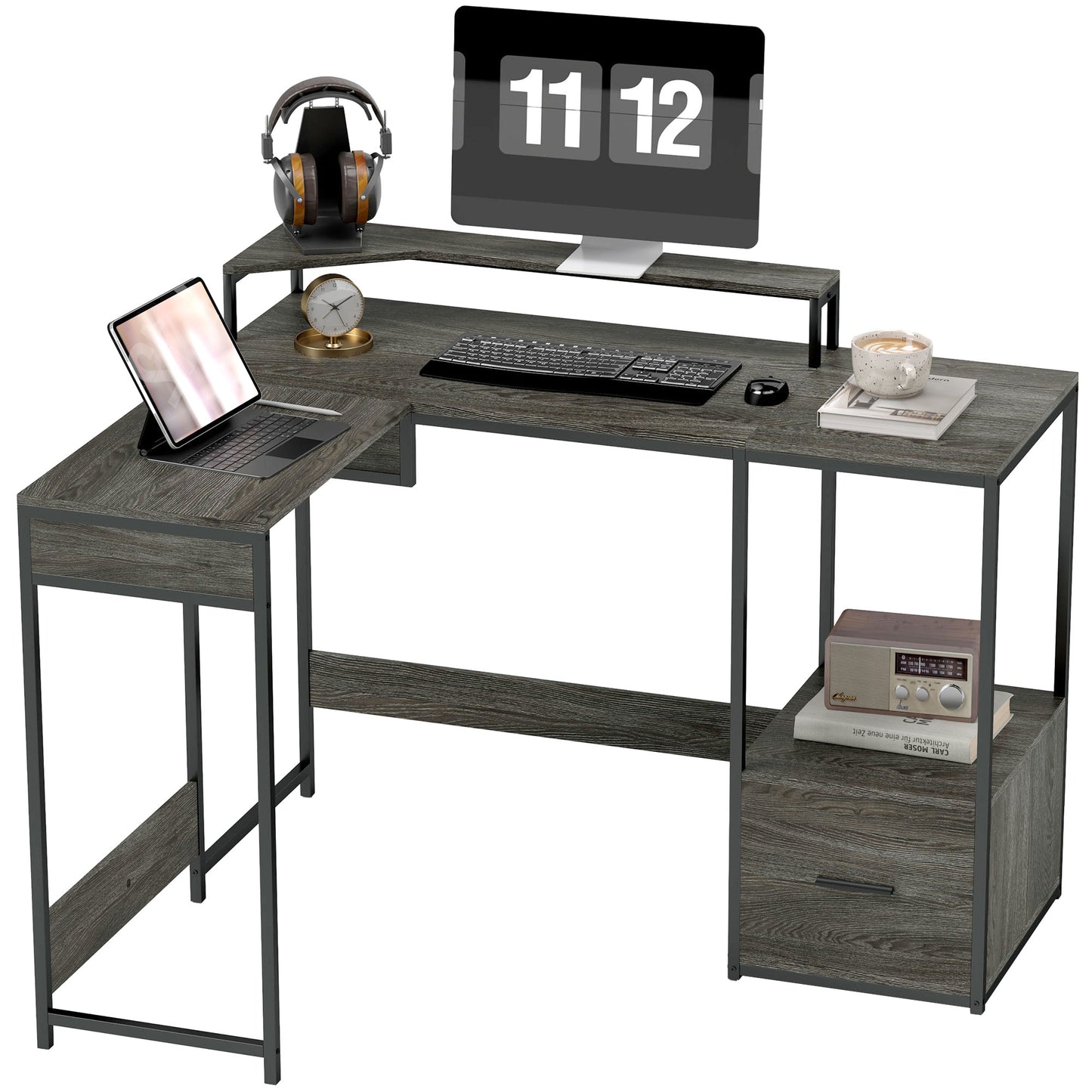 HOMCOM L Shaped Desk, Computer Desk with Liftable Desktop, Charcoal Grey
