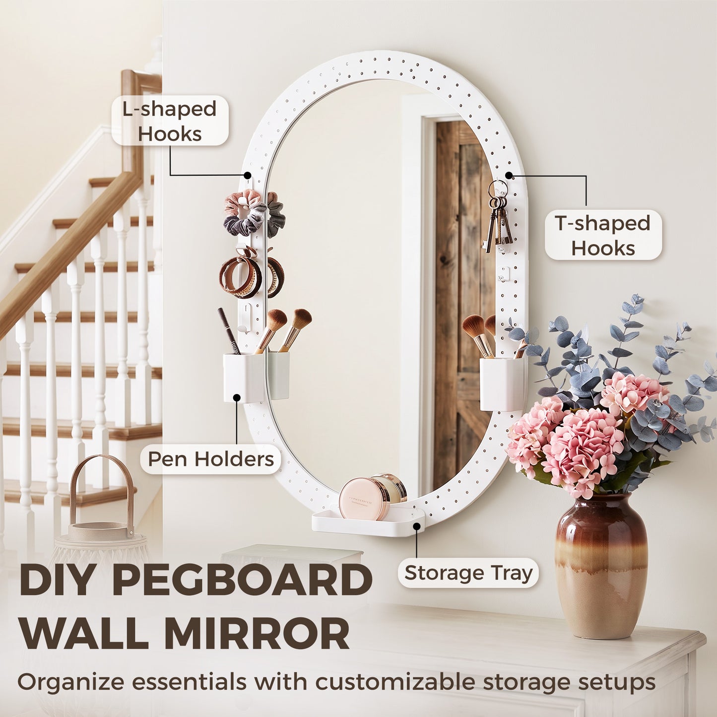 HOMCOM Oval Wall Mirror, 60 x 90 cm Decorative Hanging Mirror with Pegboard Frame, Wall-Mounted, White