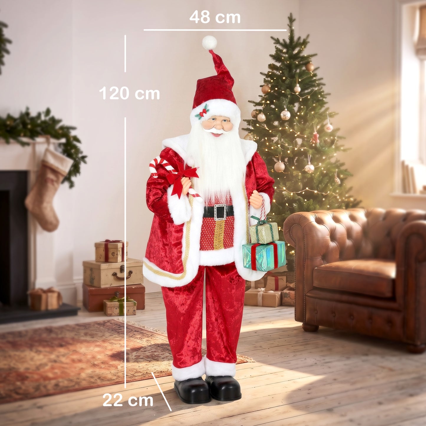 HOMCOM 120cm Life Size Singing Dancing Santa Claus, Standing Musical Animated Santa with Gift and Candy Cane