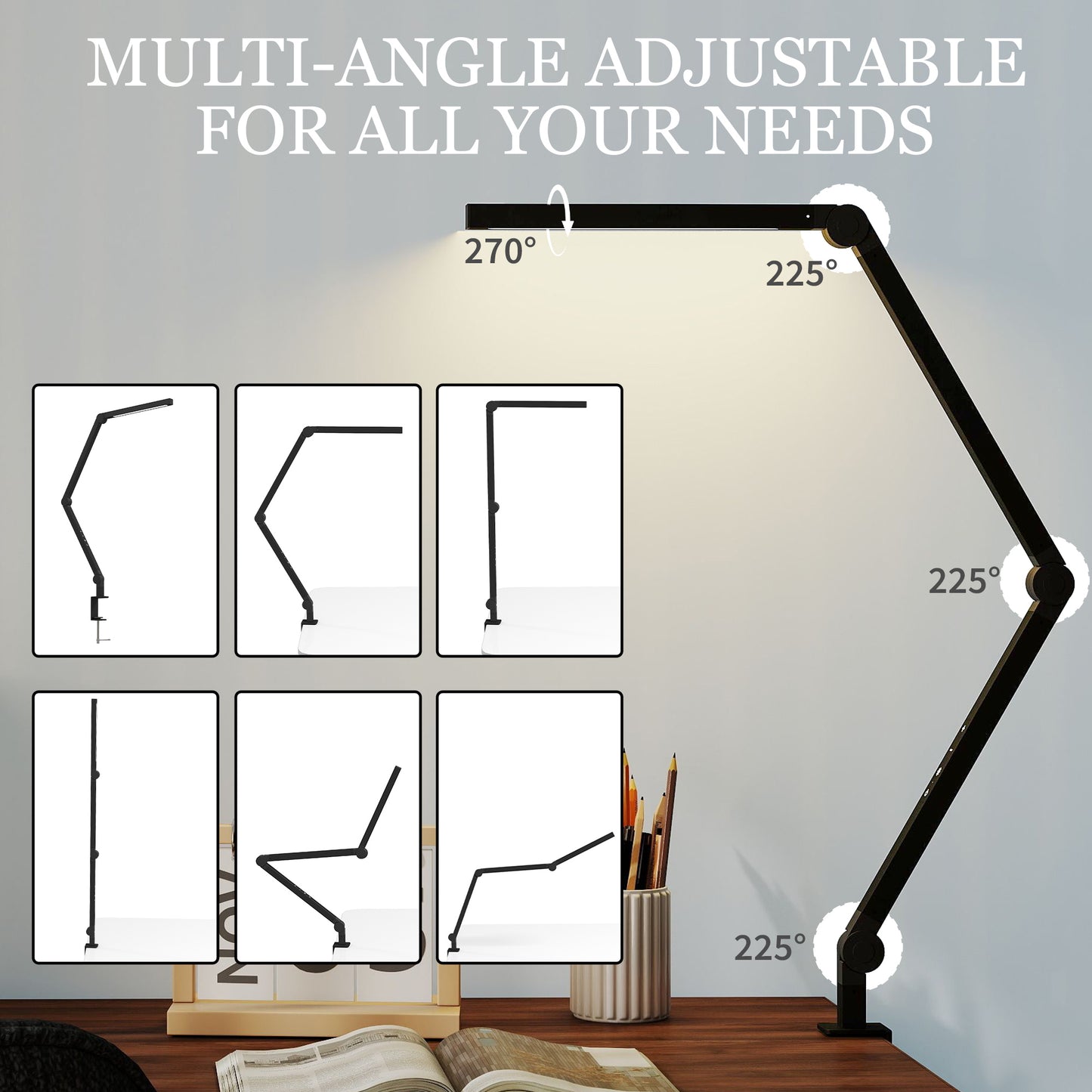 HOMCOM LED Desk Lamp, Dimmable with Swing Arm & Clamp, Adjustable Eye-Caring, 2 Color Modes, 5 Brightness Levels for Study/Office, Black