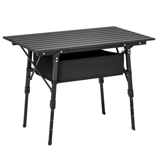 Outsunny Folding Camping Table, Height Adjustable Portable Aluminium Picnic Table with Storage Basket for Outdoor BBQ, Black