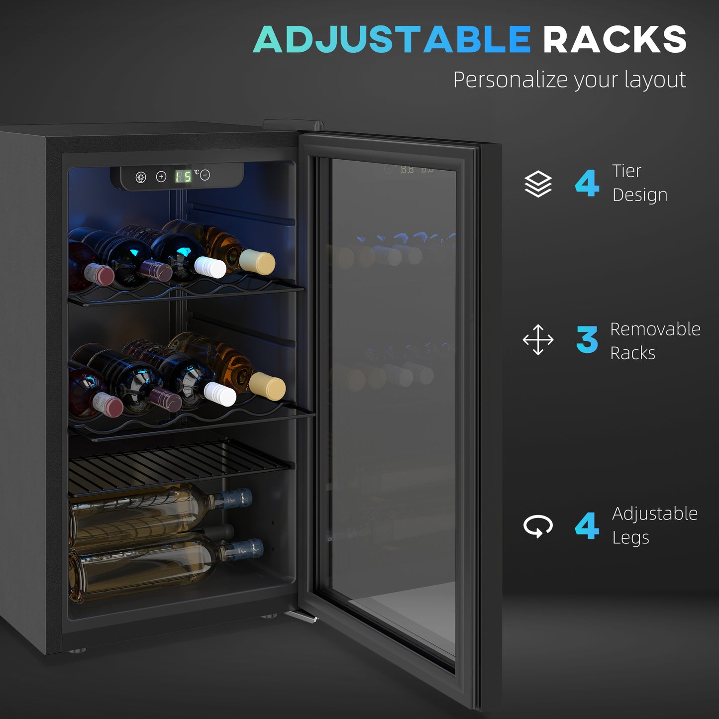 HOMCOM 24 Bottle Wine Cooler, 68 Litre Capacity, 4-16°C Freestanding Drinks Beer Wine Fridge with Glass Door, Black