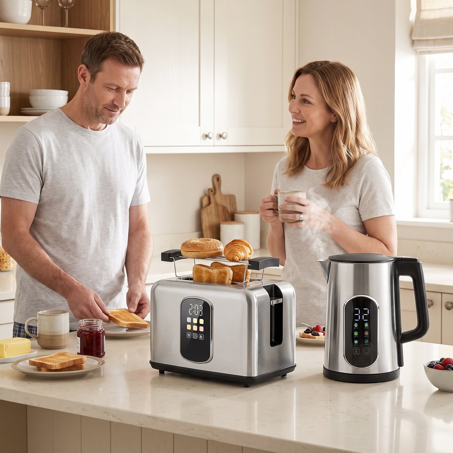 HOMCOM Kettle and Toaster Set with LED Touch Screen, Kettle with Strix Thermostat, 2 Slice Toaster w/ 6 Browning Levels, Silver