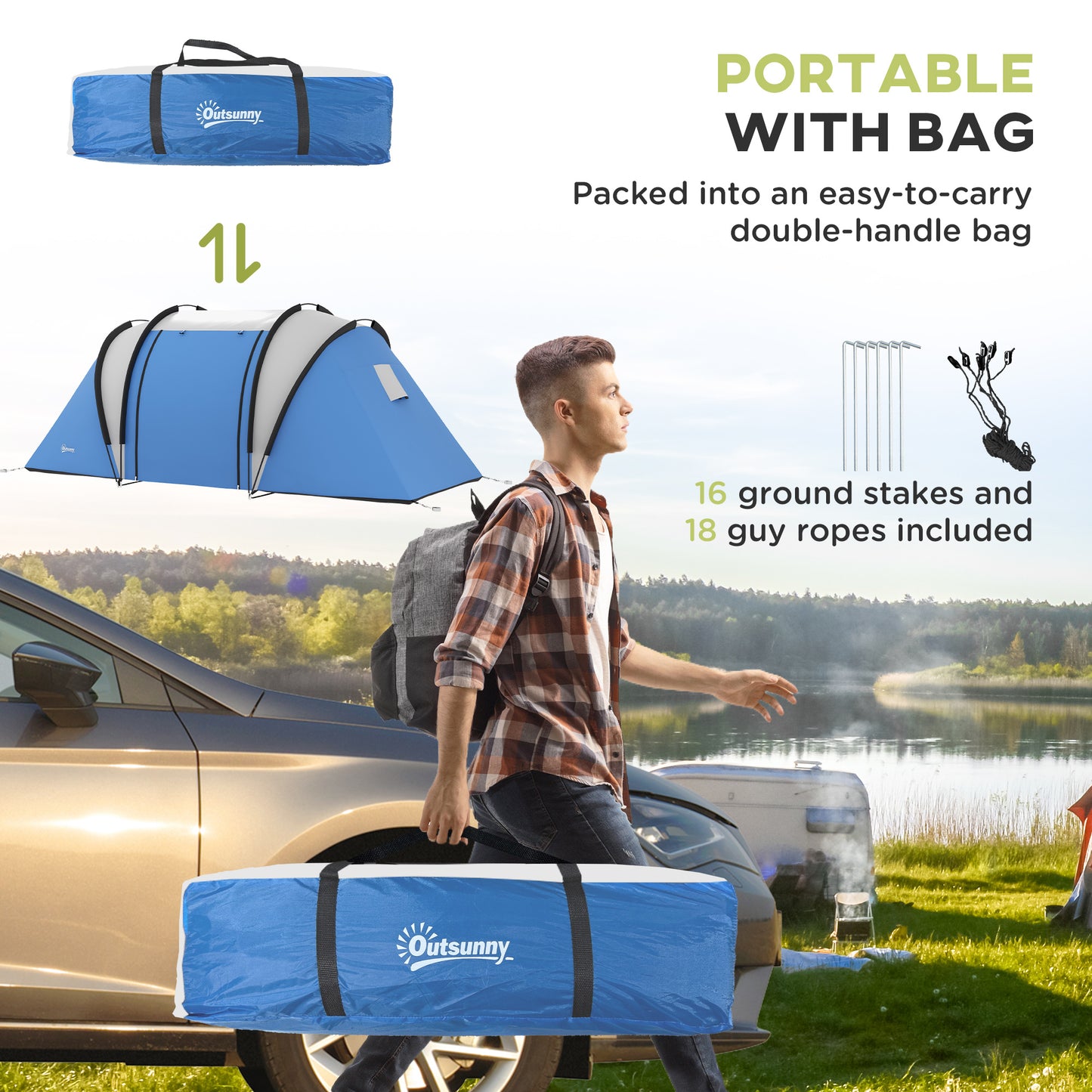 Outsunny Camping Tent with 2 Bedrooms and Living Area 3000mm Waterproof Family Tent for Fishing Hiking Festival Blue