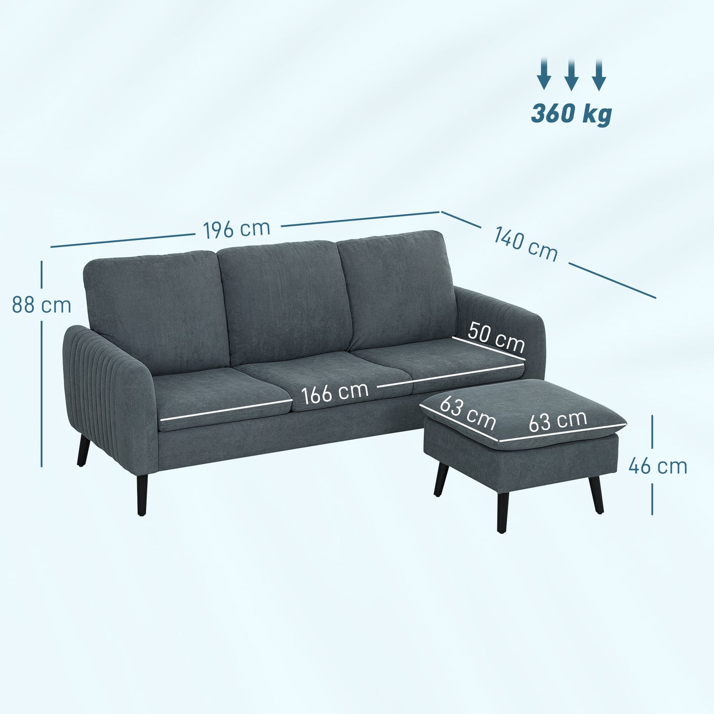 HOMCOM Corner Sofa with Reversible Chaise Lounge, Corduroy Fabric, 3-Seater, L-Shaped, Charcoal Grey