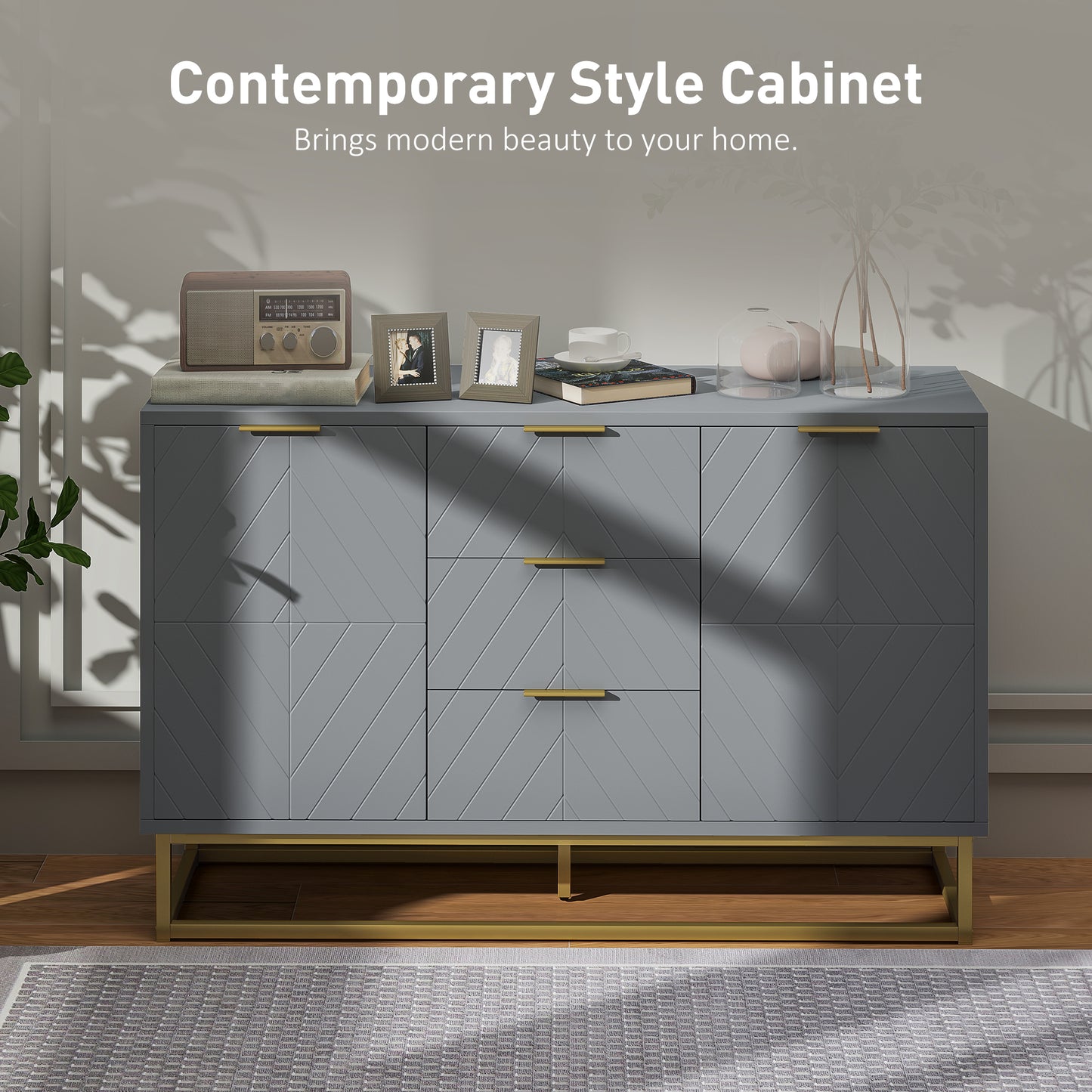 HOMCOM Sideboard with 3 Drawers and Adjustable Shelves for Living Room - Grey