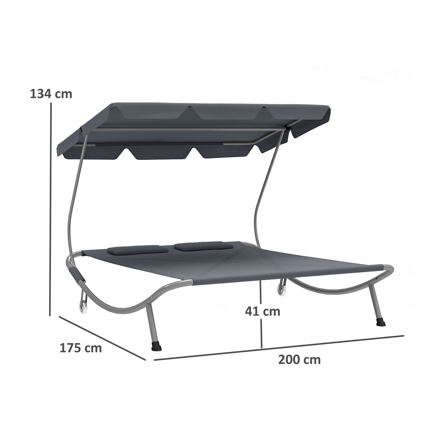 Outsunny Double Hammock Sun Lounger Bed with Canopy Shelter, Wheels & 2 Pillows, Light Grey