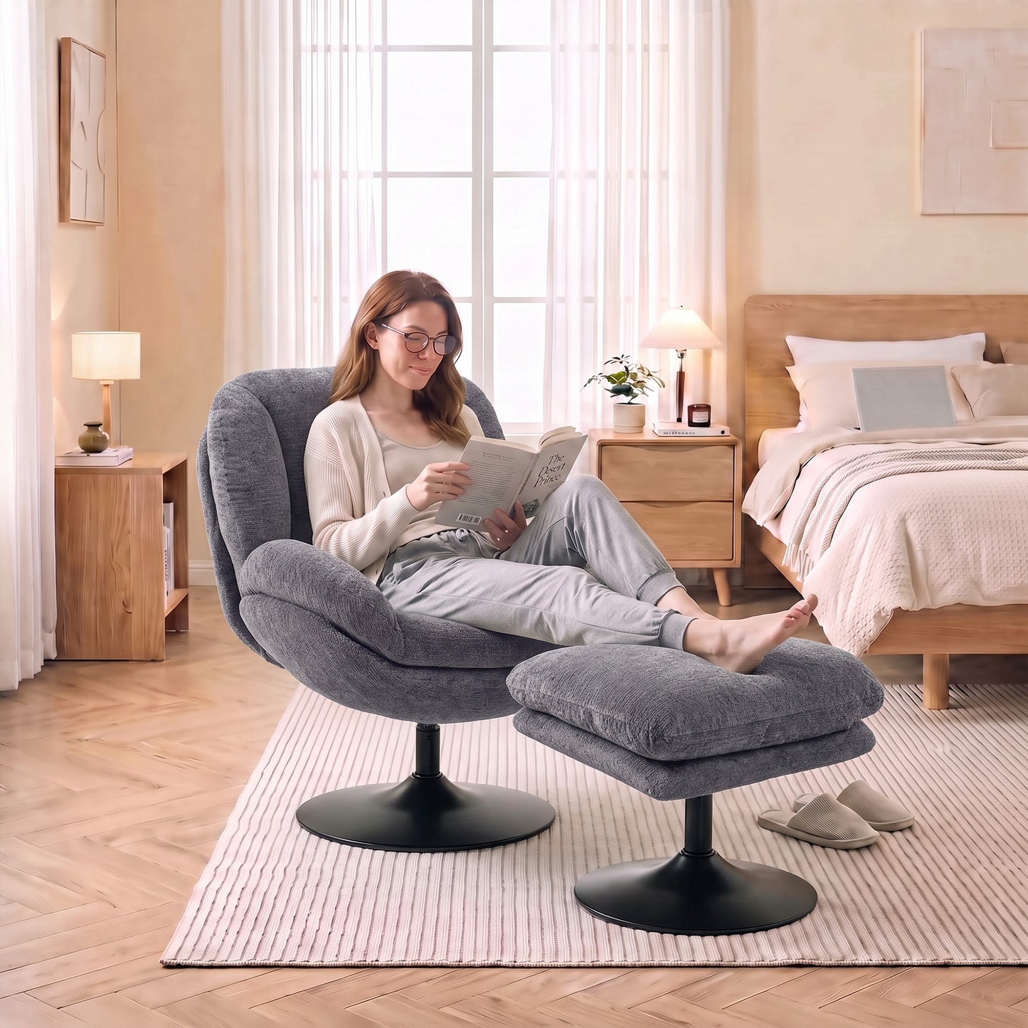 HOMCOM Modern Chenille Lazy Chair with Ottoman, 360° Swivel, Upholstered Reading Seat Set for Living Room, Dark Grey