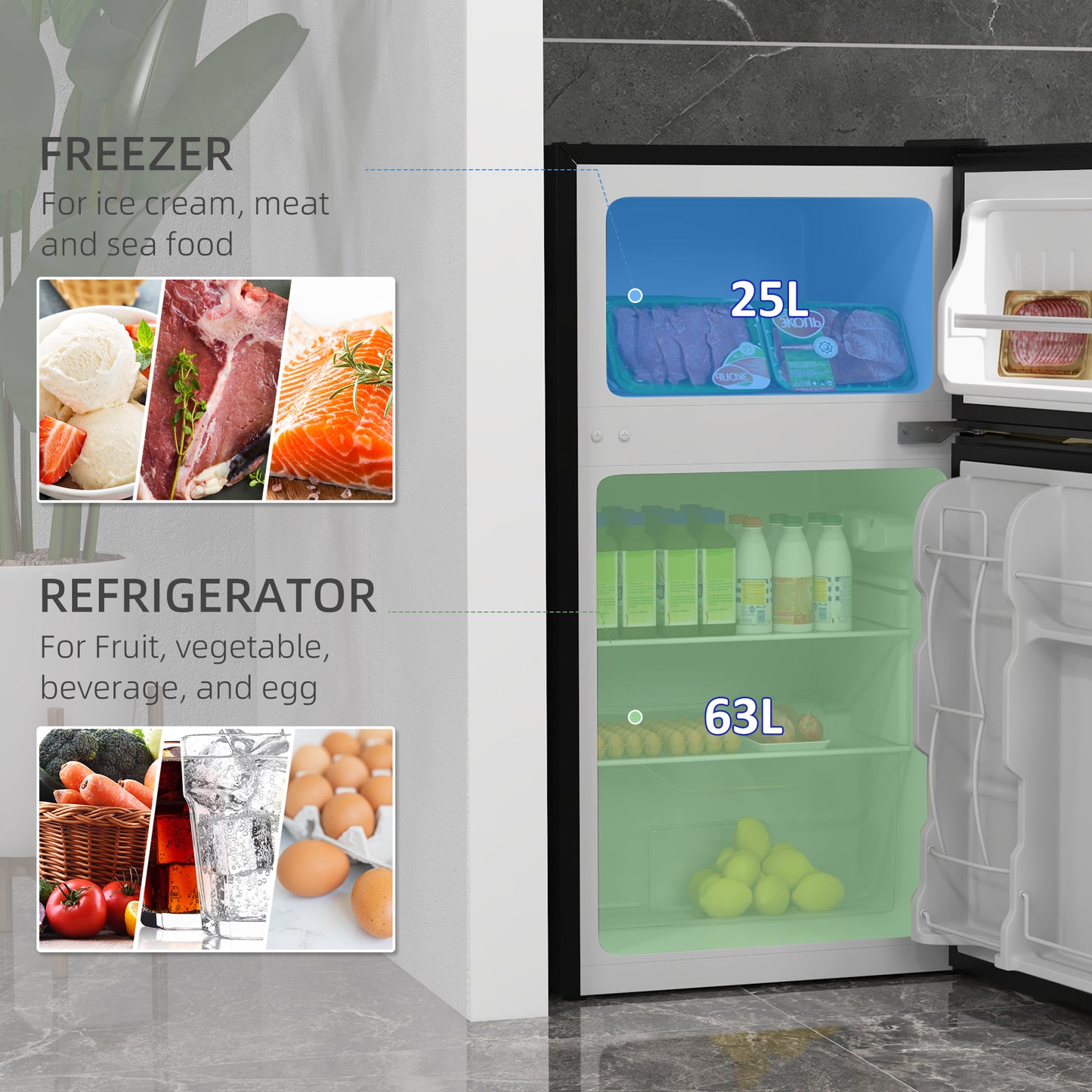 HOMCOM 88L Under Counter Fridge Freezer, Small Refrigerator with 5-Setting, 3 Star Freezer Rating, Black and Silver Tone