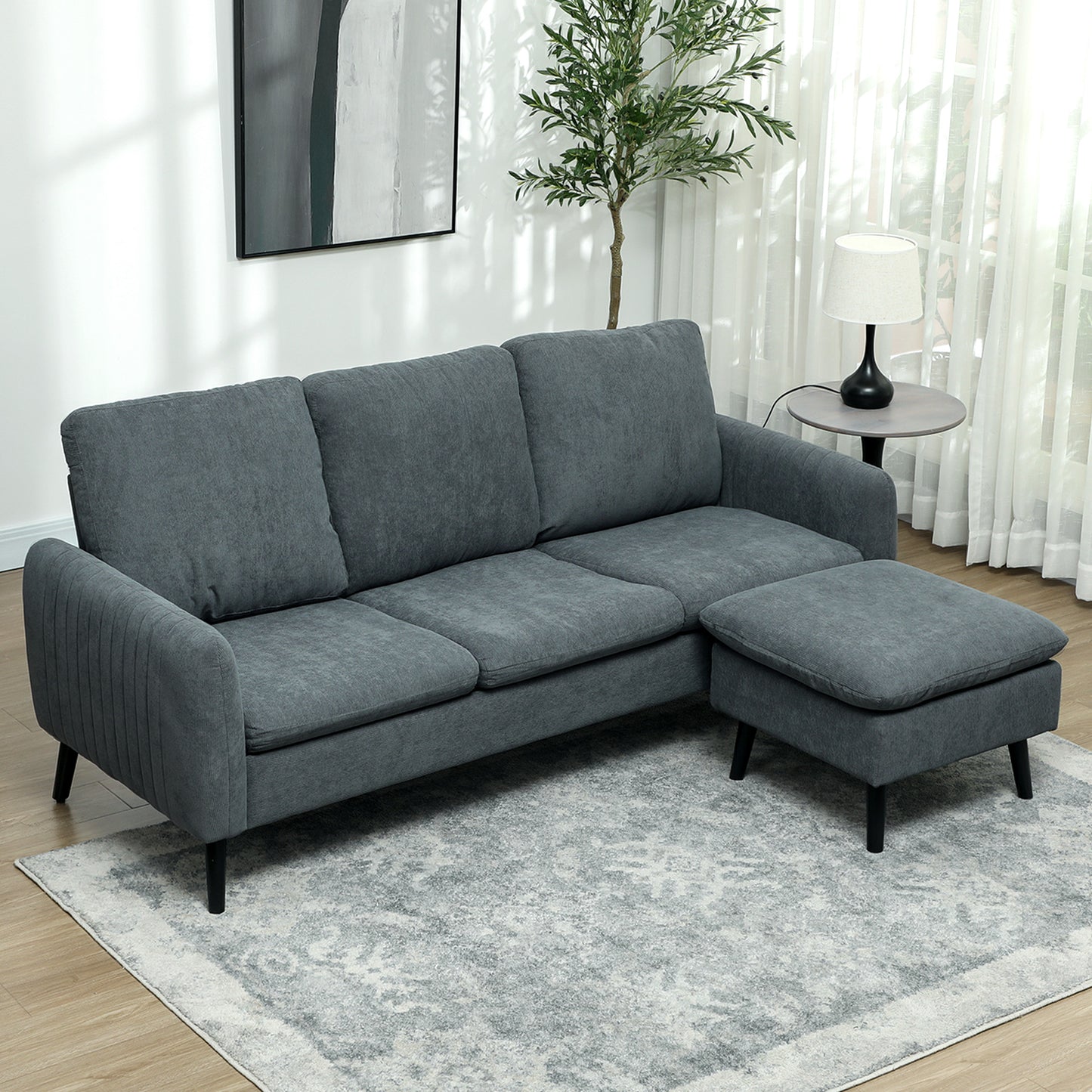 HOMCOM Corner Sofa with Reversible Chaise Lounge, Corduroy Fabric, 3-Seater, L-Shaped, Charcoal Grey