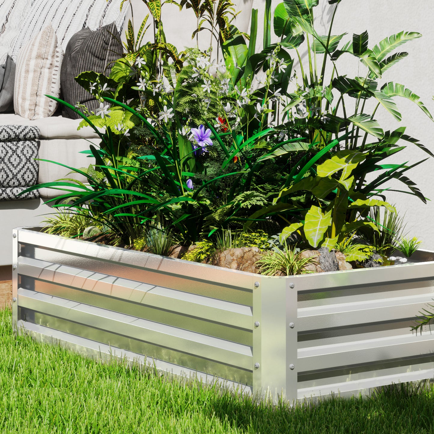 Outsunny Raised Beds for Garden, Galvanized Outdoor Planters, for Herbs and Vegetables, Use for Patio, Backyard, Balcony, Silver