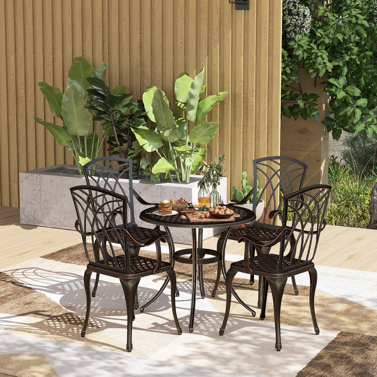 Outsunny 5 Piece Bronze Cast Aluminium Garden Dining Set, 4 Armchairs, Round Table with Parasol Hole