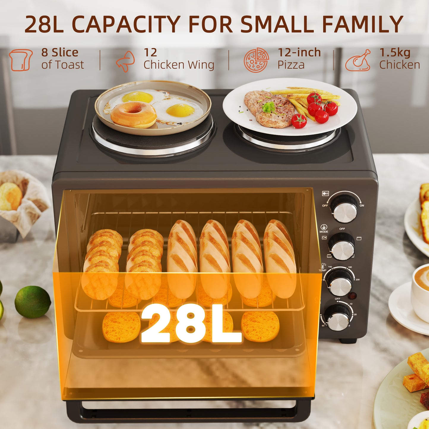 HOMCOM 28L Mini Oven with 2 Hot Plates, Toaster, Grill, Roast, Bake, Boil, Timer, 2600W, Black