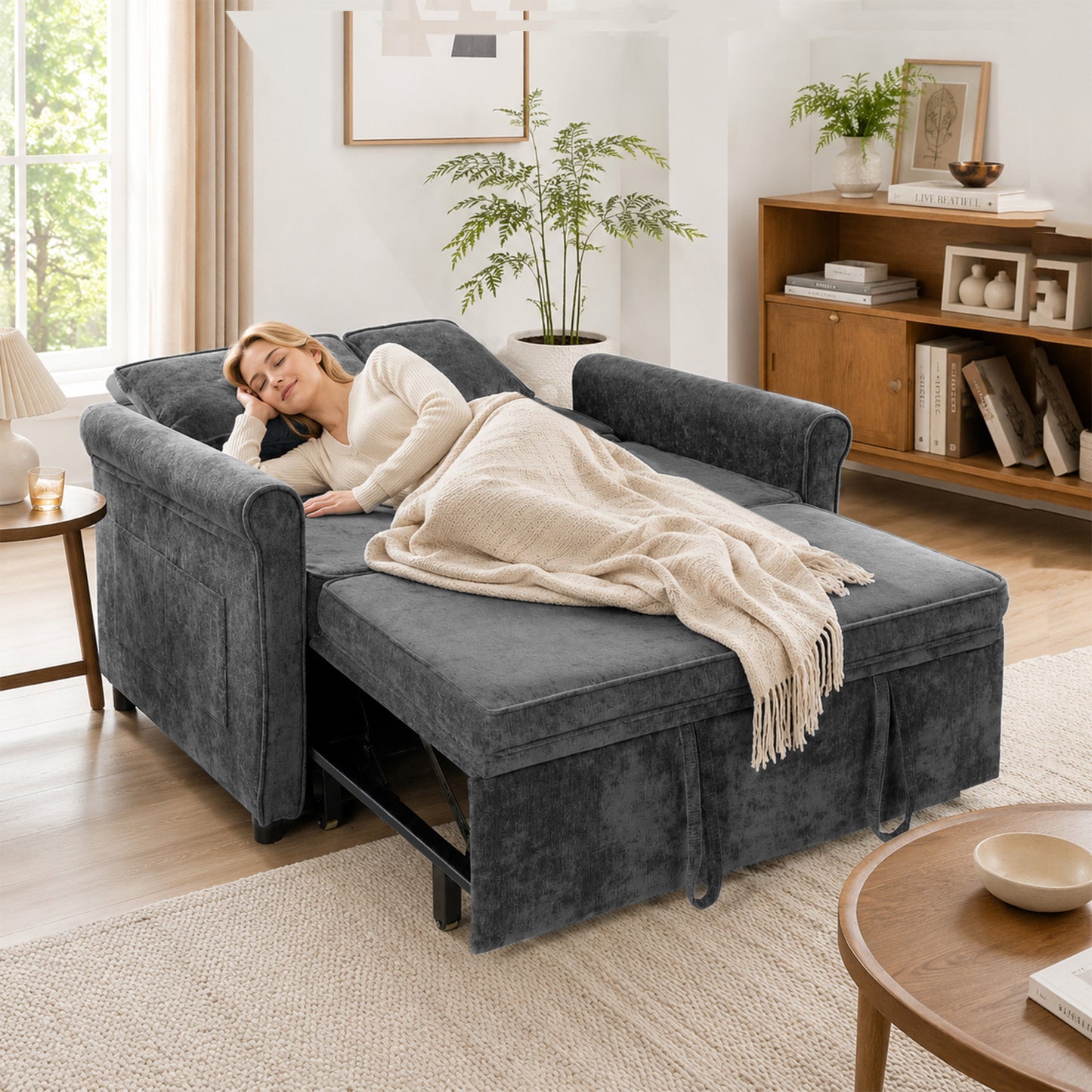 HOMCOM 2 Seater Sofa Bed 3-in-1 Convertible Chenille Pull Out Sleeper Sofa with 5-Position Adjustable Backrest, Grey