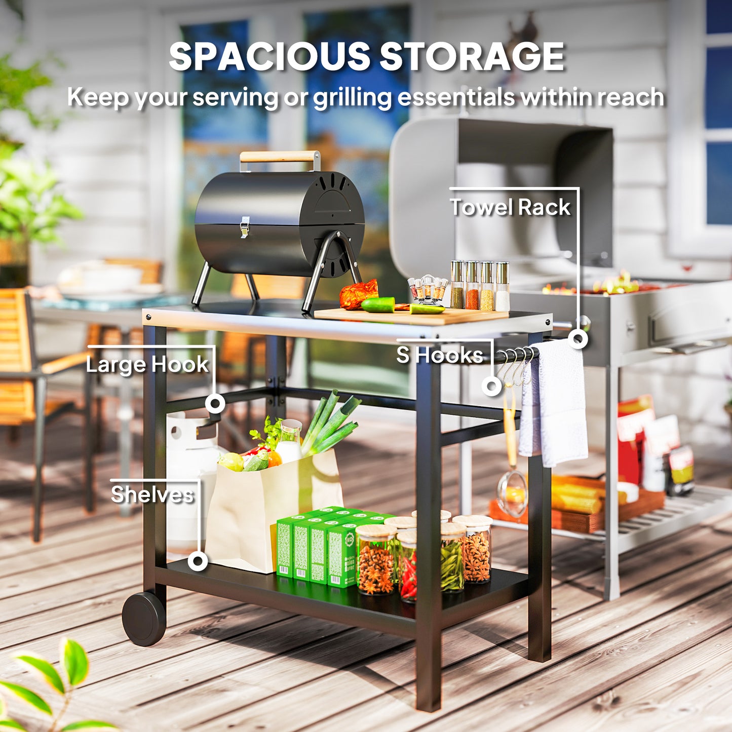 Outsunny Outdoor Grill Dining Cart, 2-Shelf Pizza Oven Table with Stainless Steel Top, BBQ Trolley Station with Hooks, Wheels, Handle, Charcoal Grey