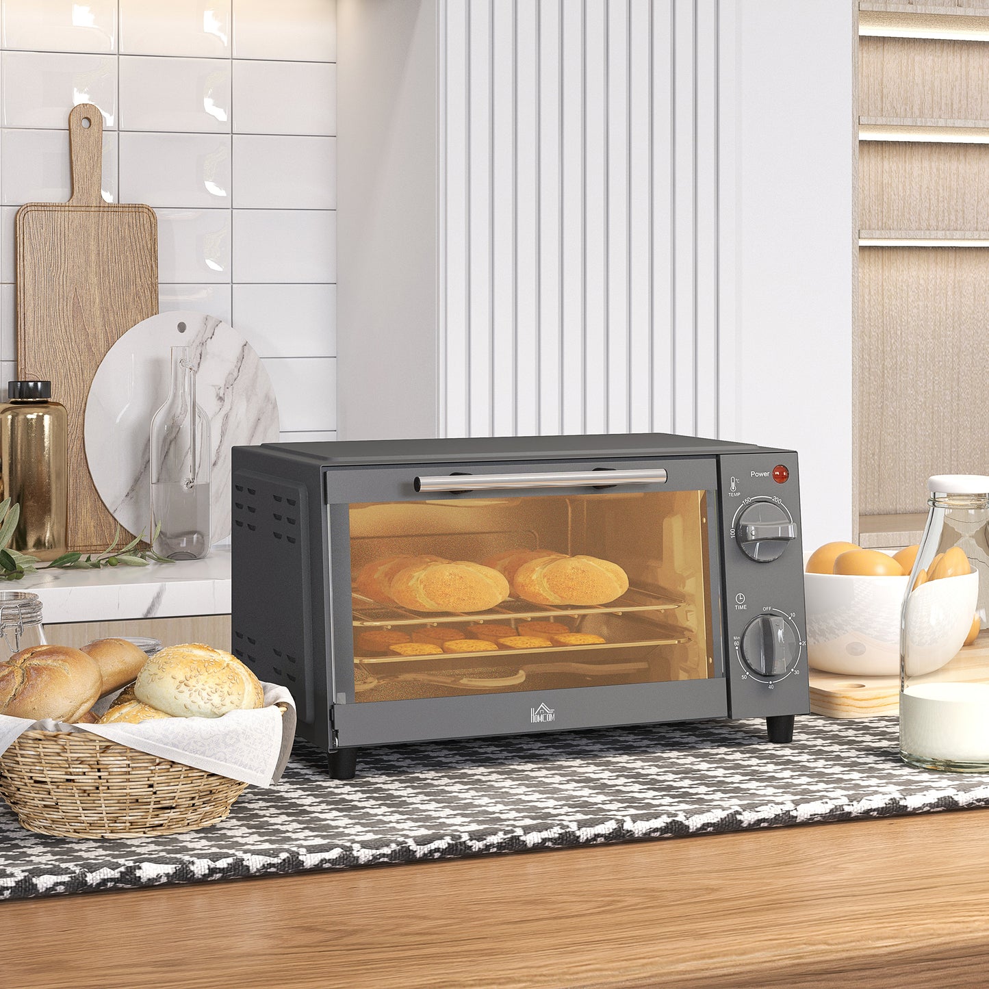 HOMCOM Mini Oven, 9L Countertop Electric Grill, Toaster Oven with Adjustable Temperature, Timer, Baking Tray and Wire Rack, 750W, Grey