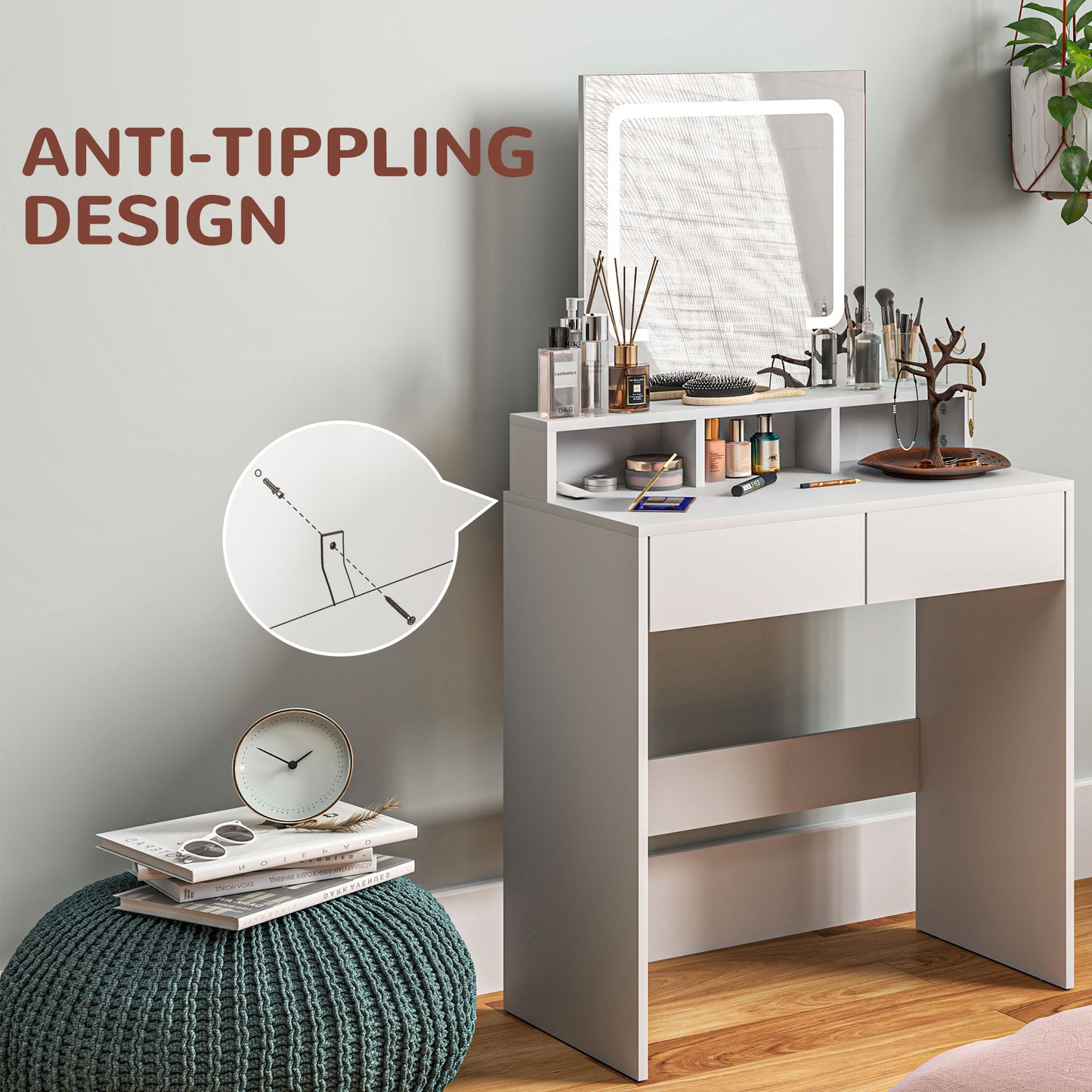 HOMCOM Dressing Table with Mirror and LED Lights, Vanity Table with 2 Drawers, 3 Compartments