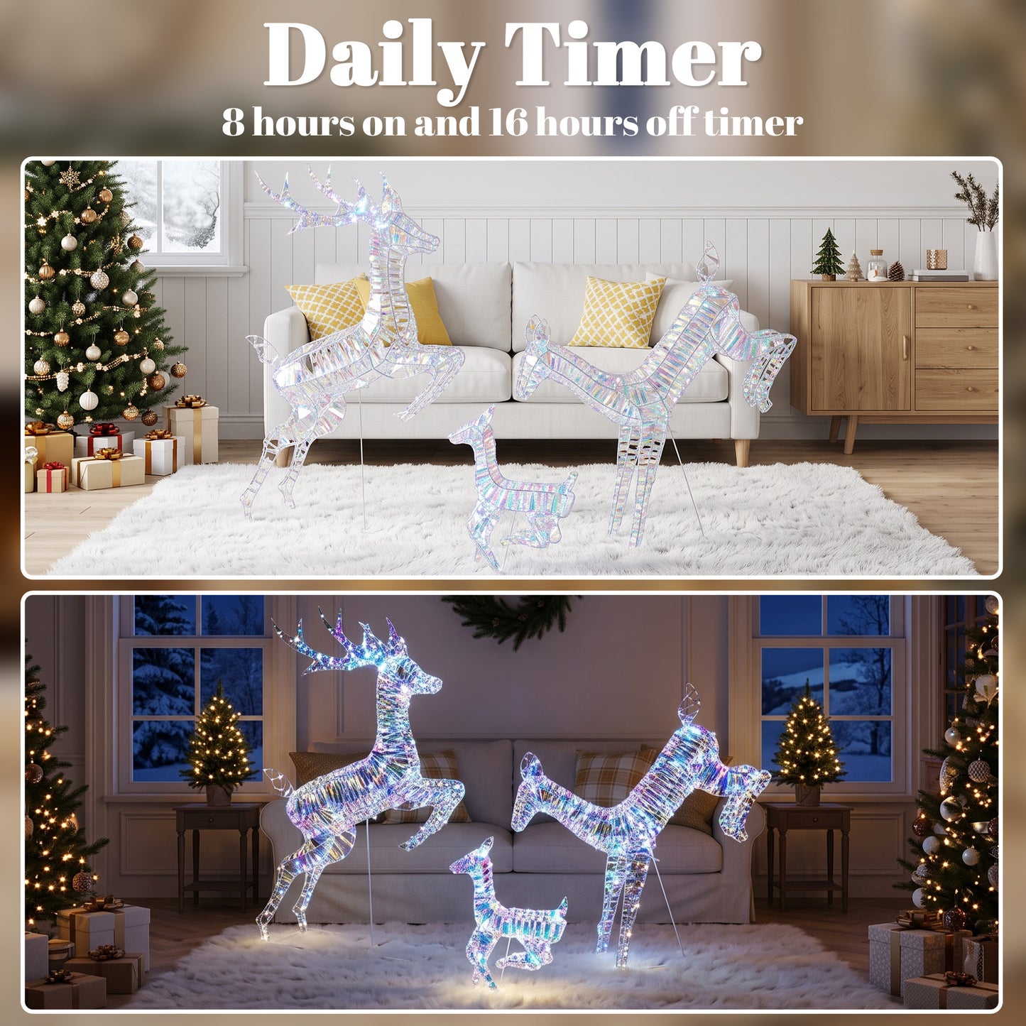 Outsunny 3-Piece Lighted Reindeer Family Set, Iridescent Outdoor Christmas Decoration, Deer Family with 8 Modes, Daily Timer