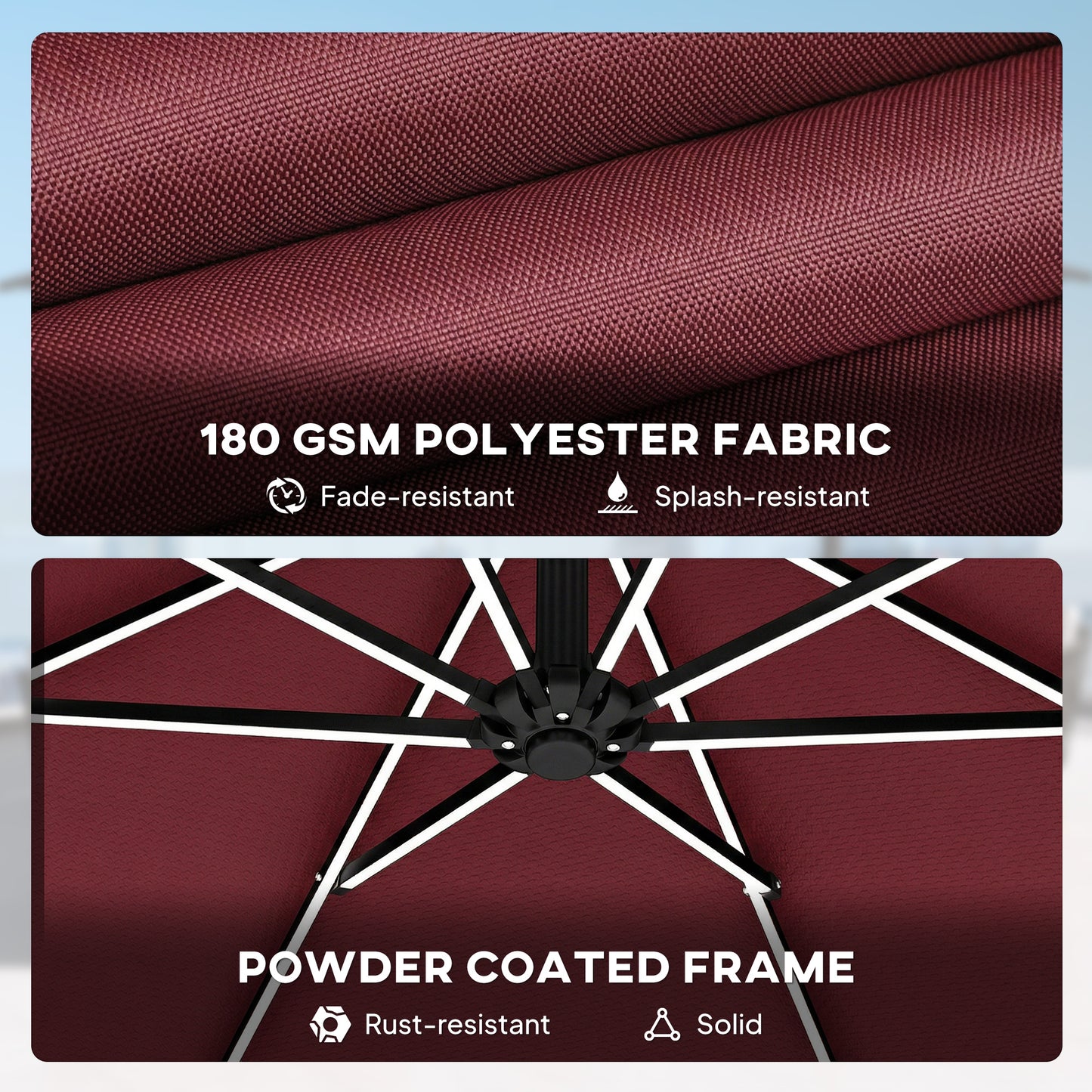 Outsunny 3 m Garden Cantilever Parasol with LED Solar Light, Round Overhanging Umbrella with 360° Rotation, Cover, Wine Red
