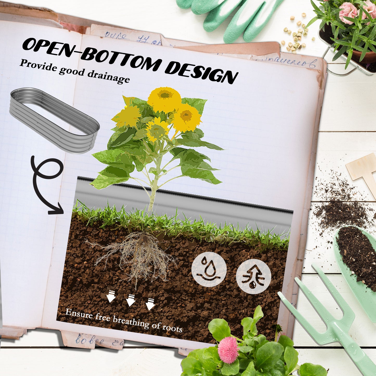 Outsunny Galvanised Raised Garden Bed, Metal Planter Box with Safety Edging, for Flowers, Herbs, Succulents, Silver