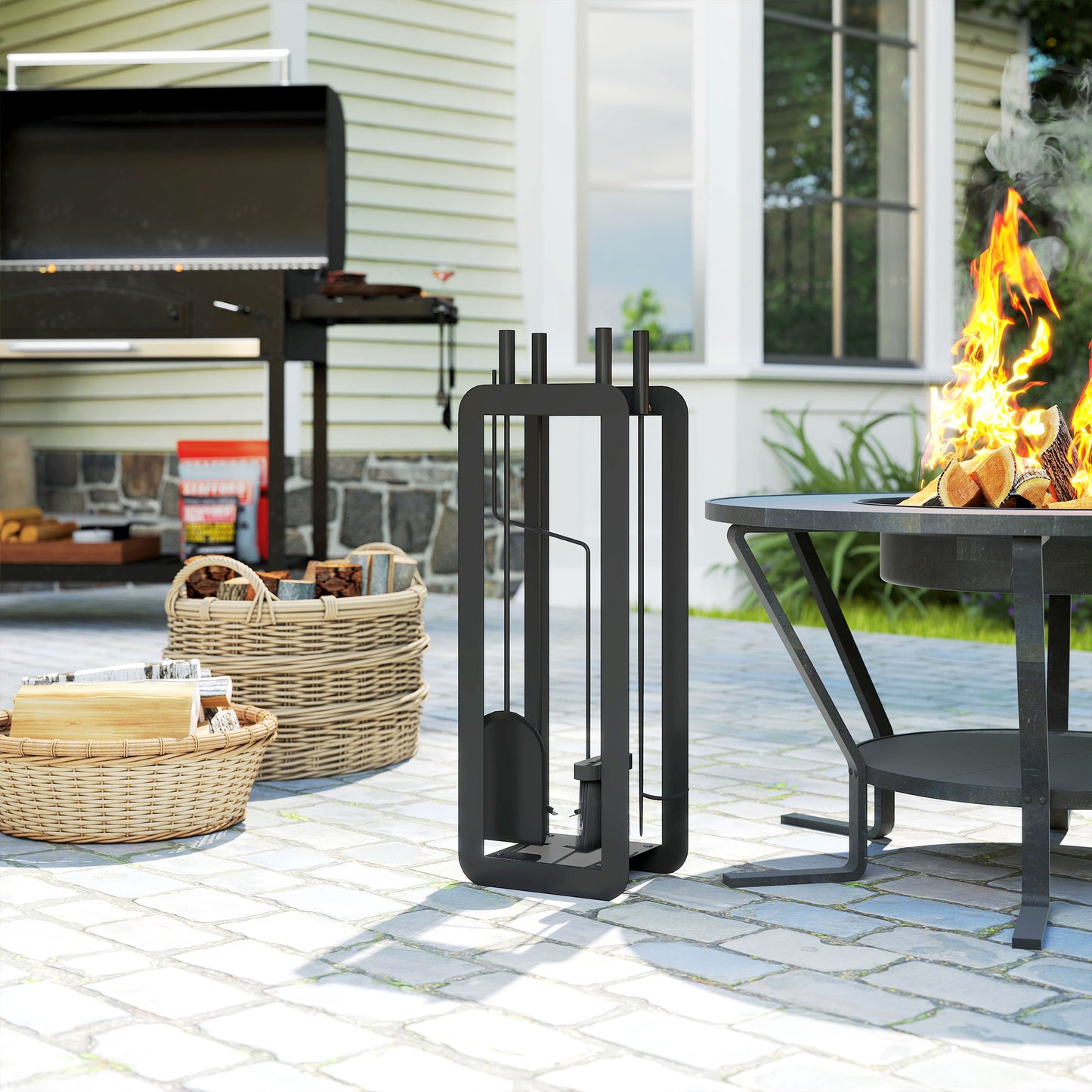 Outsunny 5 Piece Metal Fireplace Set - Includes Brush, Shovel, Poker, Tongs, and Stand, Black.