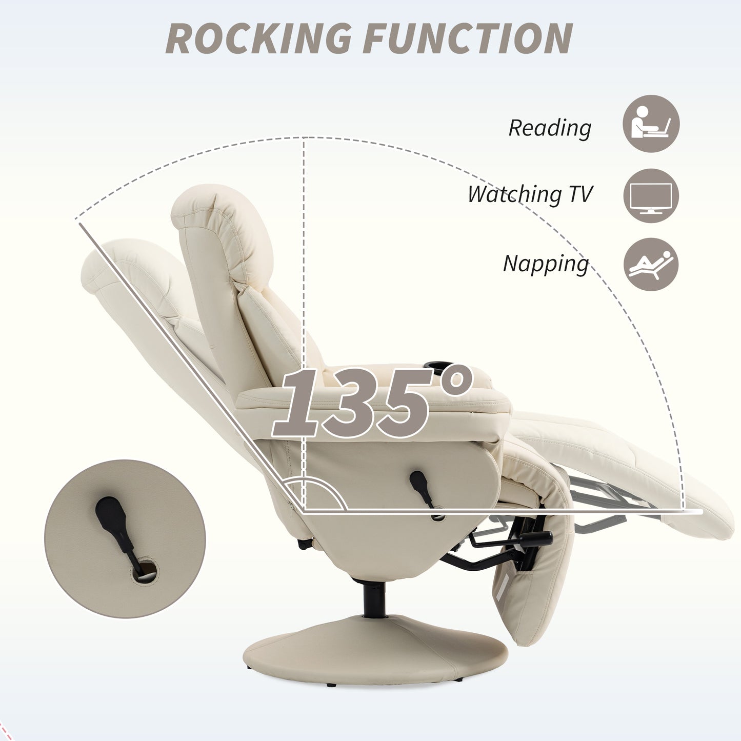 HOMCOM Recliner Chair, Upholstered Armchair with Footrest and Cup Holder, PU Leather Swivel with Adjustable Backrest, Cream White