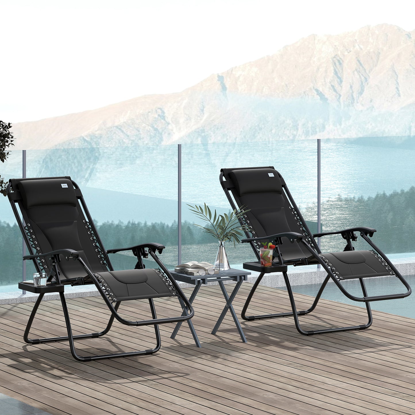 Outsunny Foldable Reclining Garden Chair Set of 2, Zero Gravity Chairs, Padded Seat, Cup Holder, Black
