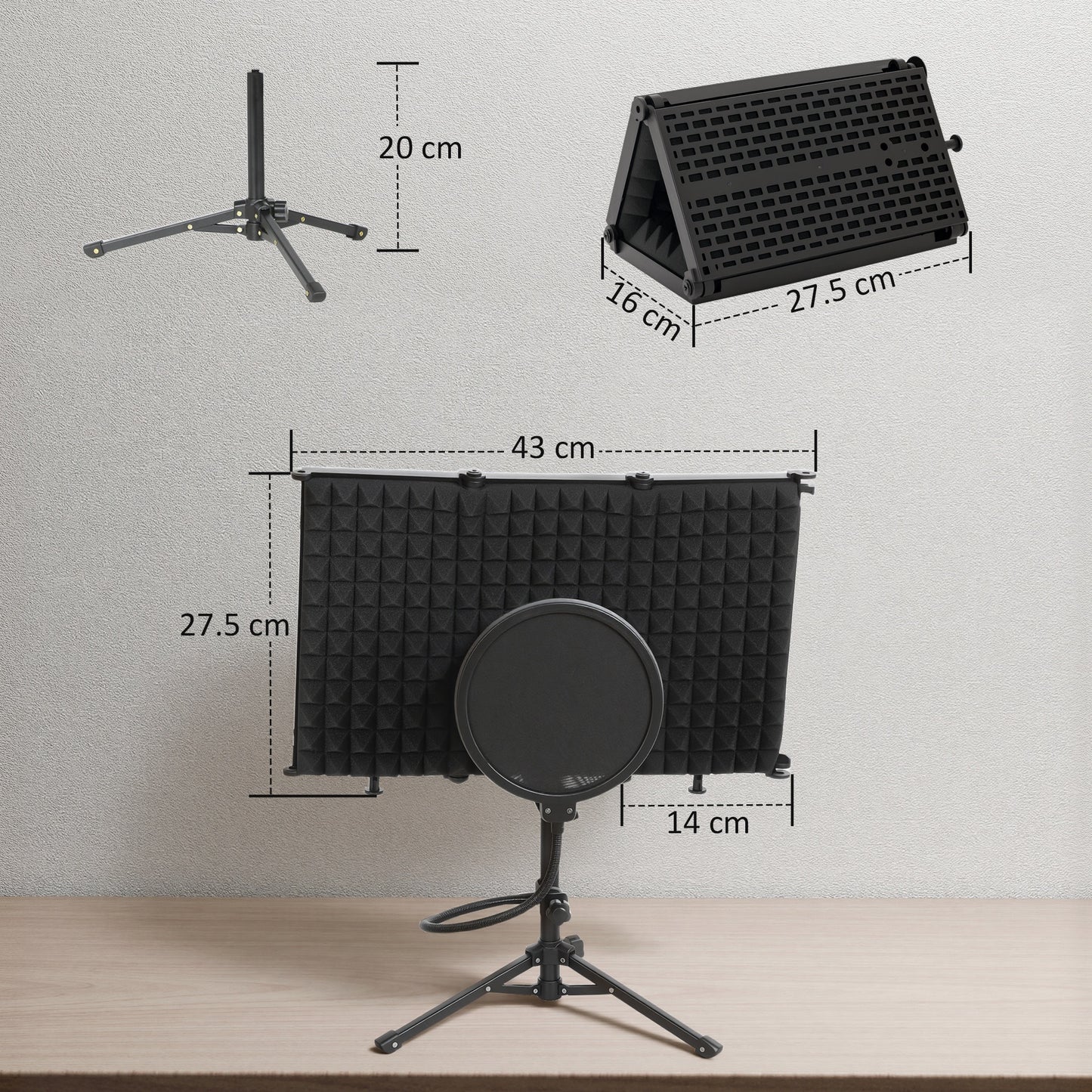 HOMCOM Studio Microphone Isolation Shield with Pop Filter & Tripod Stand, Foldable 3-Panel Foam Shield, 3/8" Threaded Mount, Black