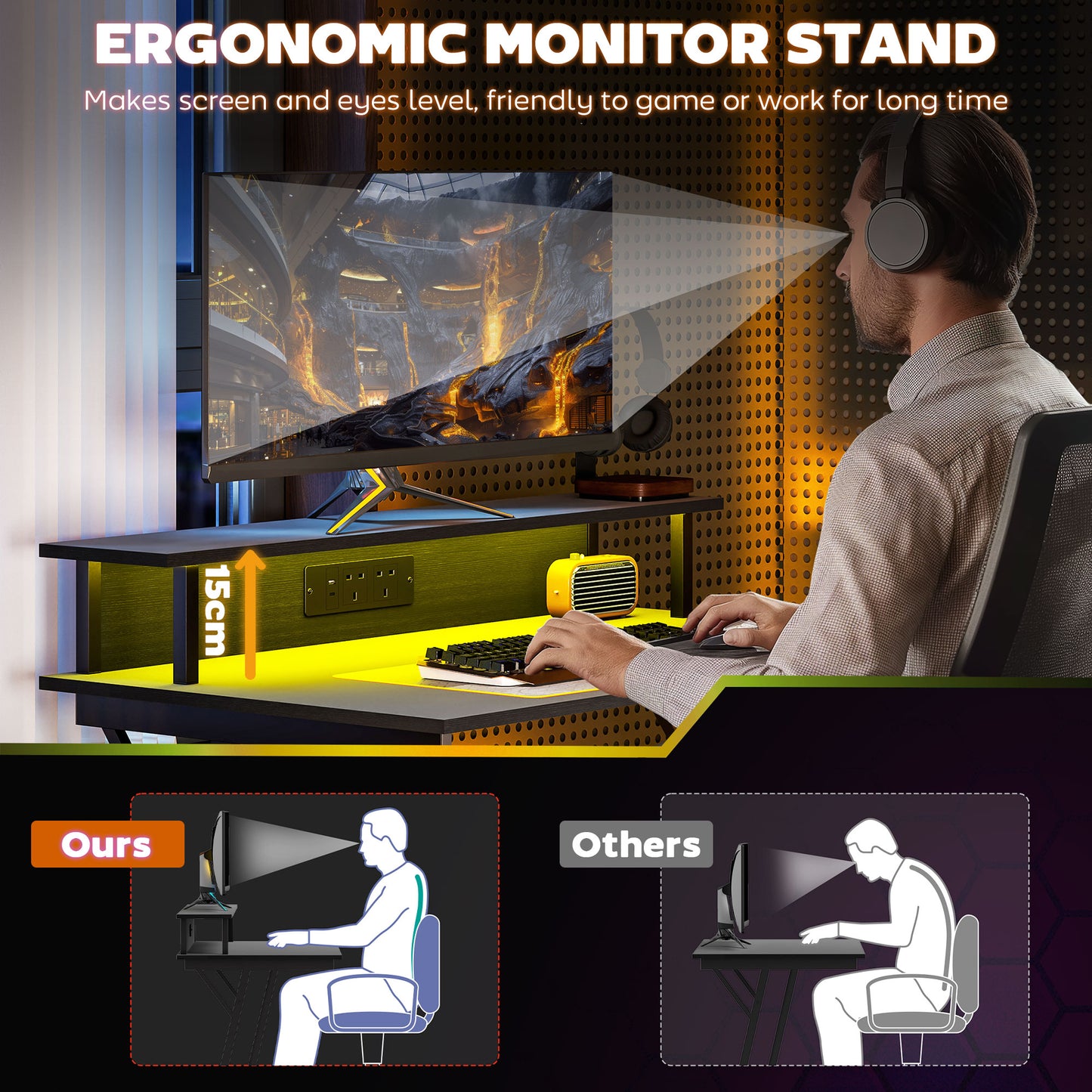 HOMCOM Gaming Desk with LED Lights, Z-Shaped Frame, Monitor Stand, Power Outlets, Black