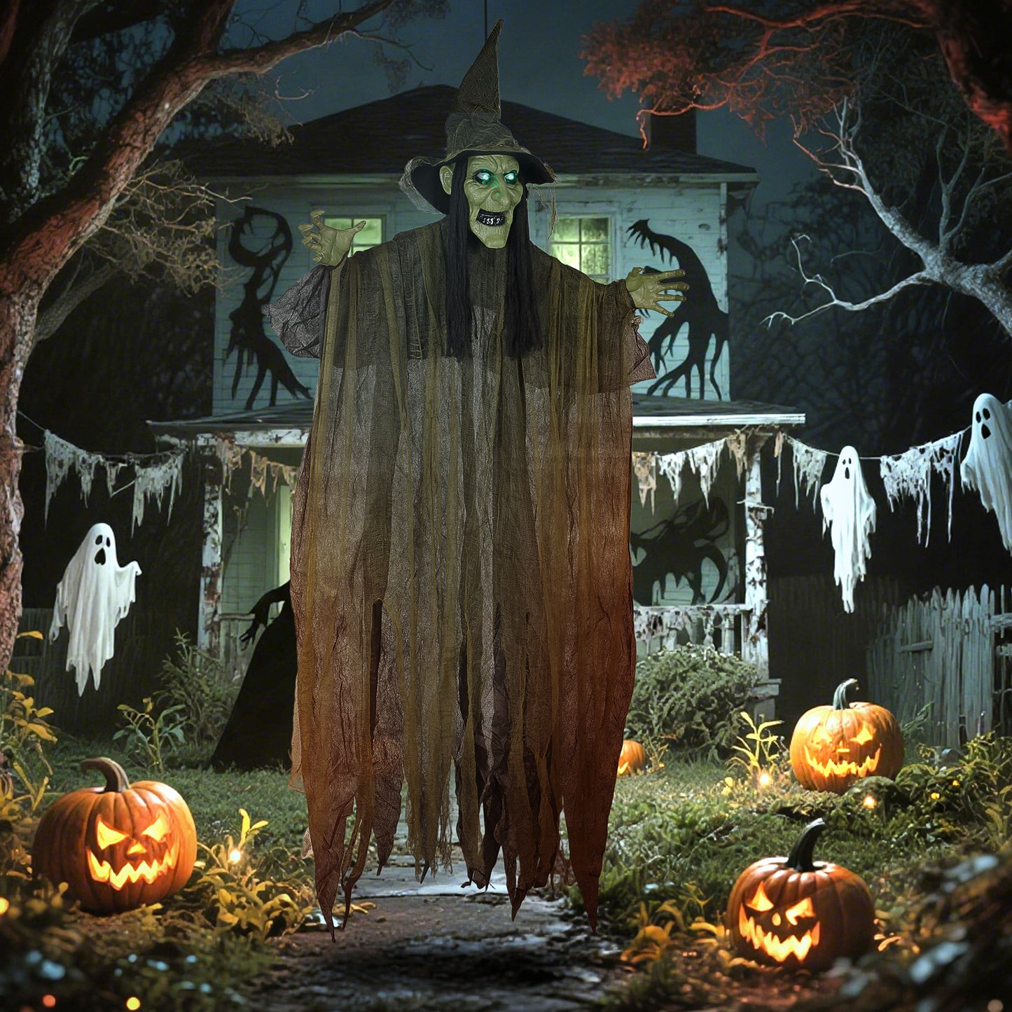 Outsunny Life Size Hanging Halloween Animated Witch with LED Eyes, Spooky Battery Operated Decorations, Indoor Props, 170 cm, Black
