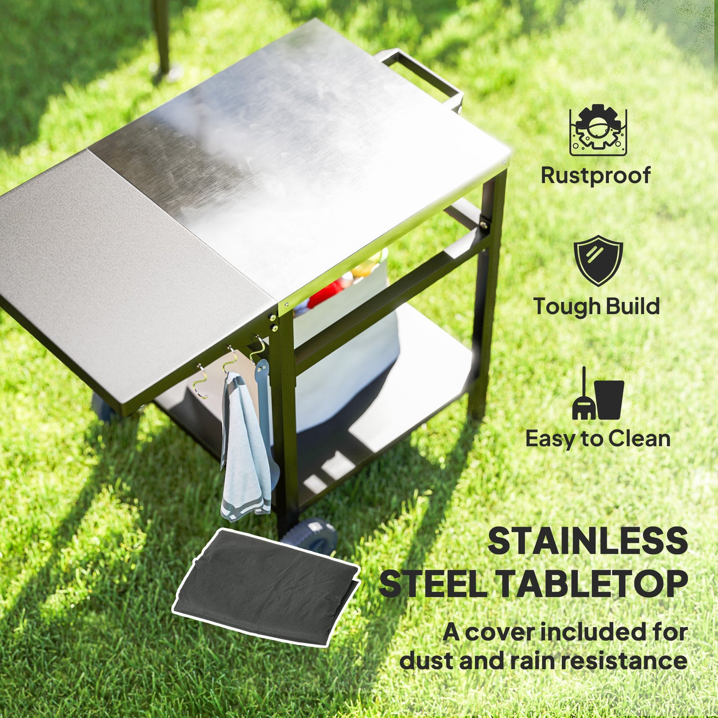 Outsunny BBQ Trolley with Stainless Steel Top, Foldable Side Table, Hooks, Shelf, Pizza Oven Table, Movable Grill Cart with Cover, Black