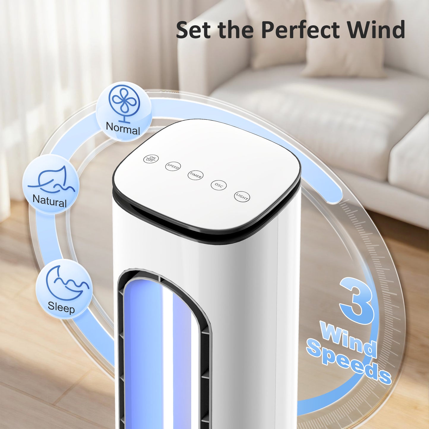 HOMCOM Bladeless Tower Fan for Bedroom, 35dB Standing Cooling Fan with 50° Oscillating, LED Lights, 3 Speeds, 15H Timer, White