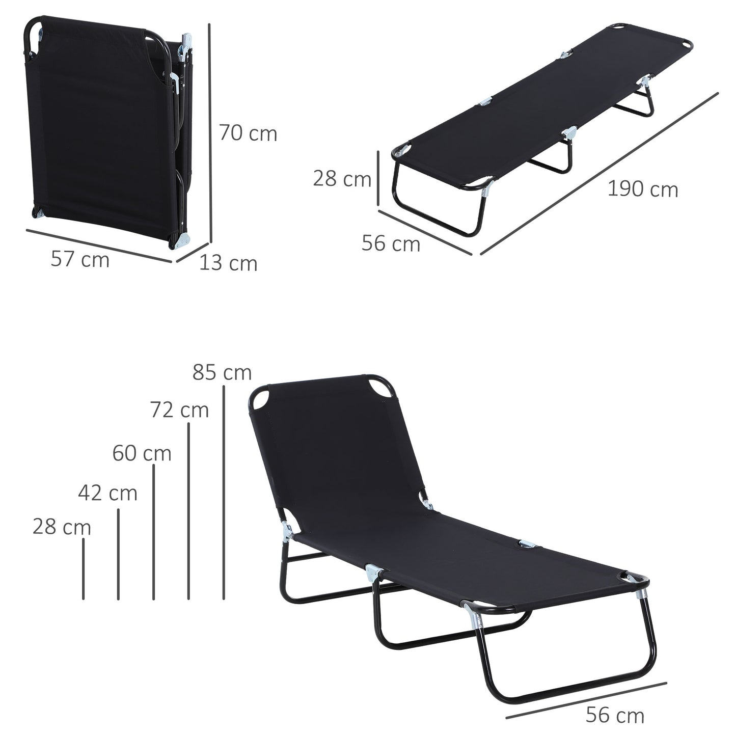 Outsunny 2-Piece Foldable Sun Loungers, 5-Position Adjustable Backrest, Portable Recliner Chairs with Breathable Mesh, Black