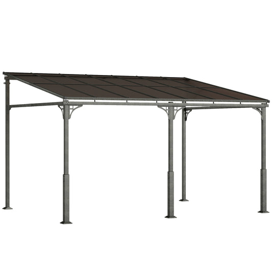 Outsunny 4 x 3 m Metal Lean-to Pergola, Wall-Mounted Garden Pergola with Polycarbonate Roof and Metal-Aluminium Frame, Heavy Duty Hardtop Gazebo for Outdoor Patios, BBQ, Brown