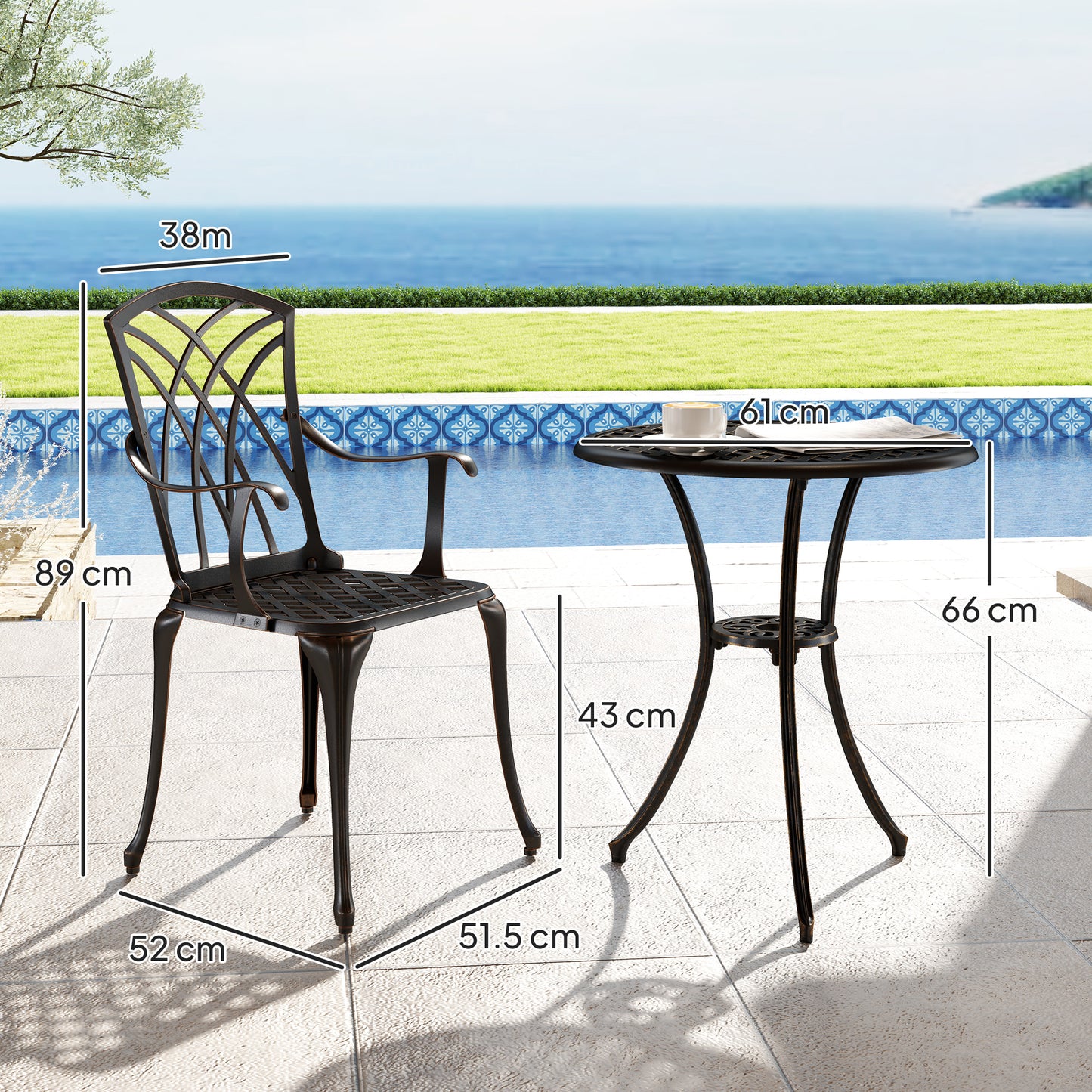 Outsunny 3-Piece Garden Set: Cast Aluminium 2 Armchairs & Round Table w/ Parasol Hole, Bronze Tone