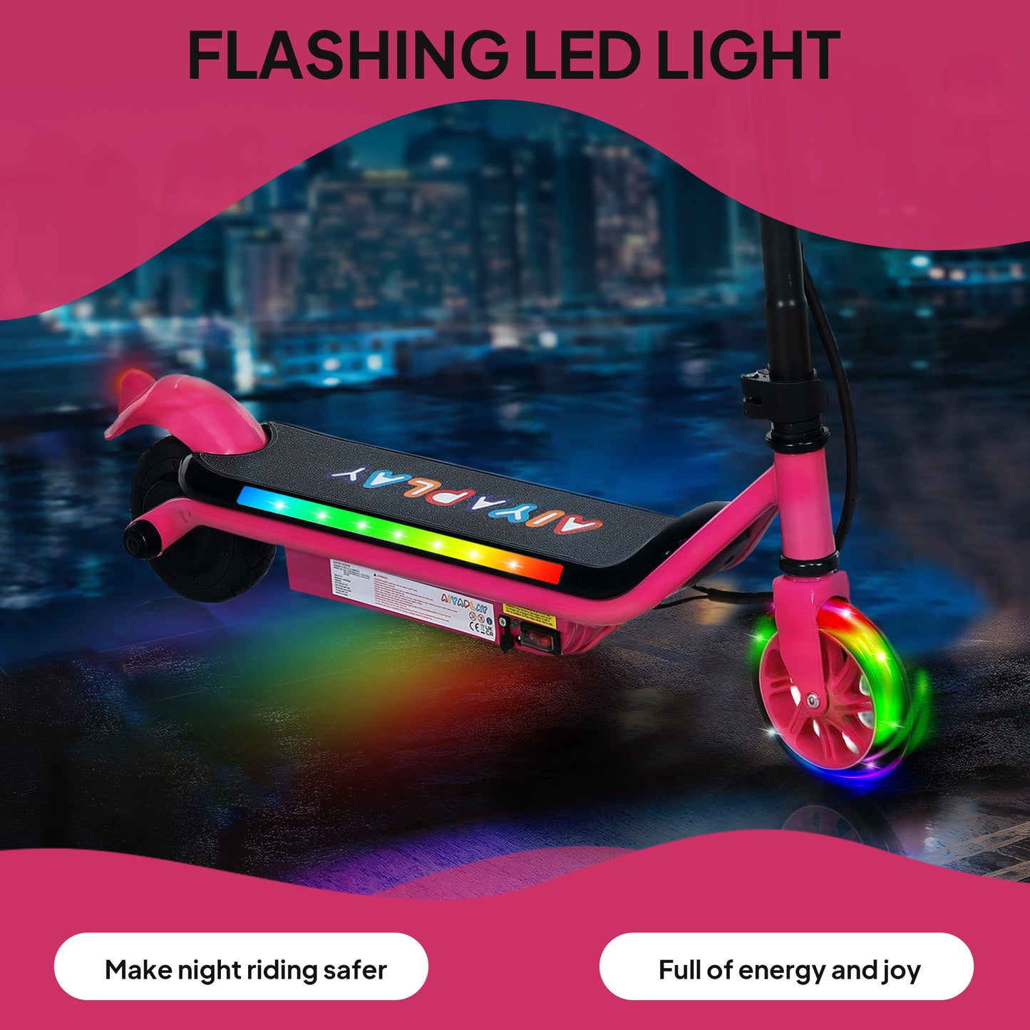 AIYAPLAY Kids Electric Scooter Ages 6-14, Dual Brakes, Flash Wheel, Light, Up to 12 KM/H & 10 KM Range, Pink
