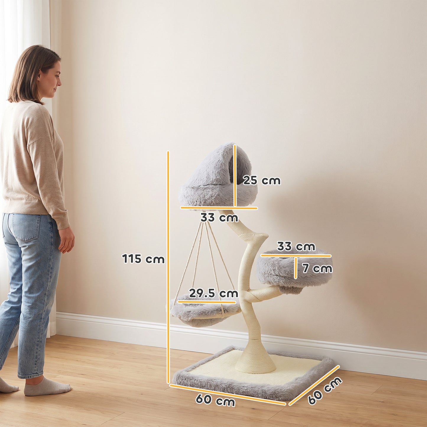 PawHut 115 cm Modern Cat Tree Tower for Large Cats with Sisal Scratching Post, Holds 1 Cat up to 6kg, Machine-Washable Beds