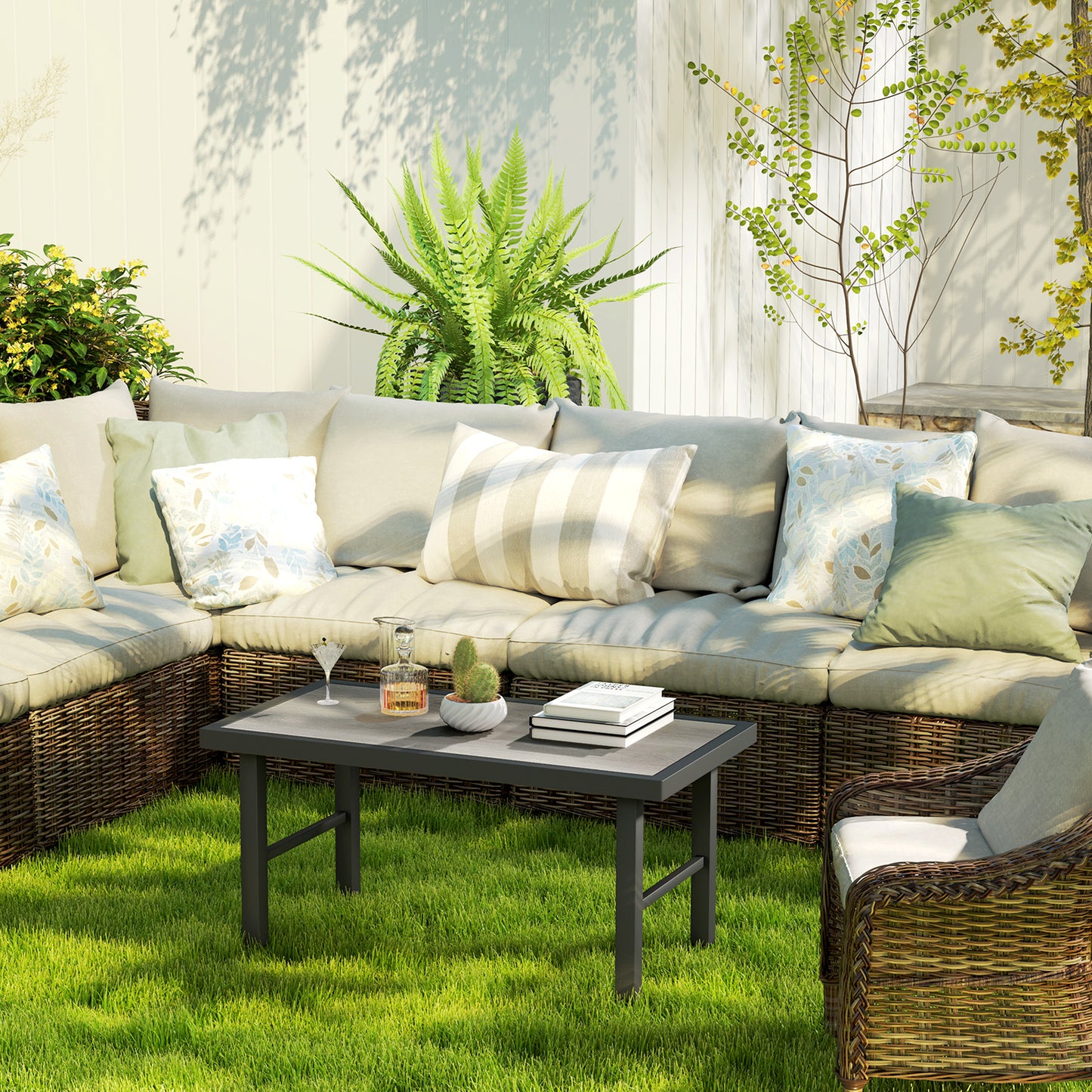 Outsunny Metal Garden Coffee Table, Outdoor Side Table with SPC Woodgrain Tabletop, 100 x 53 x 46cm, Grey Wood Effect