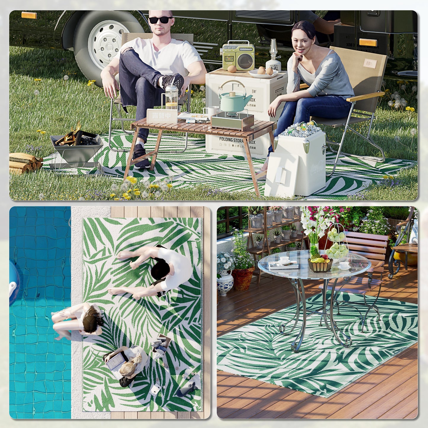 Outsunny Reversible Outdoor RV Rug, 1.5 x 2.4m Waterproof Patio Mat, Green Leaves for Garden, Beach, Camping