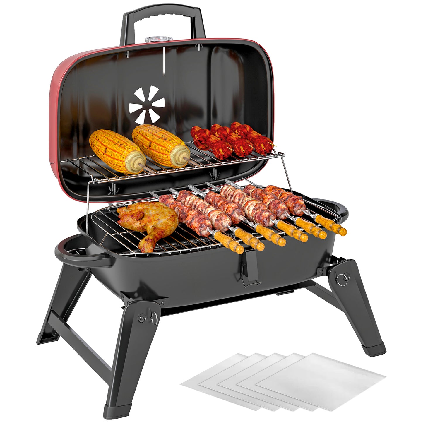 Outsunny Charcoal Barbecue Grill Folding BBQ Grill with 1232 cm² Cooking Area, Adjustable Vent, Thermometer, Handles for Camping Picnic, Red