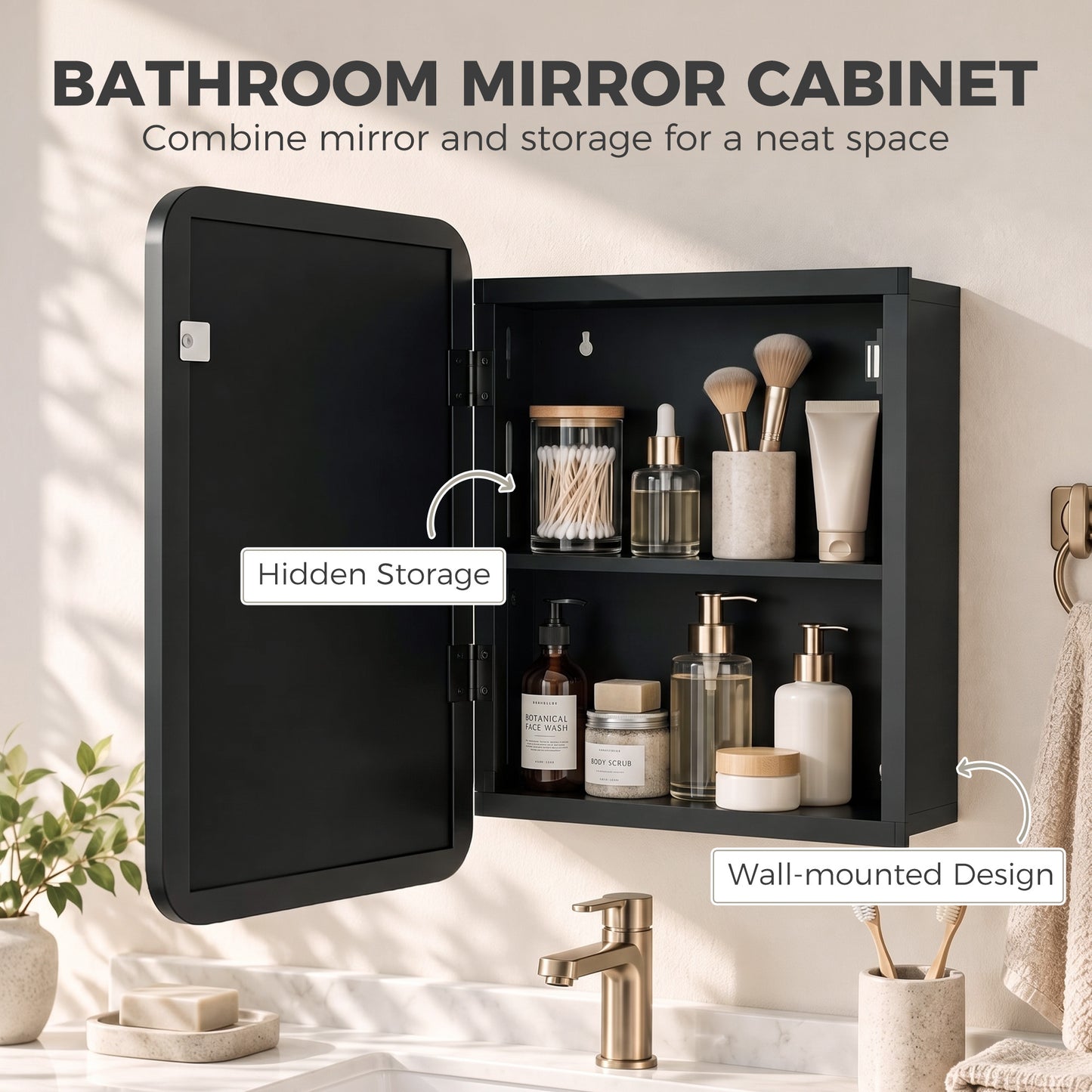 HOMCOM Bathroom Medicine Mirror Cabinet, Bathroom Wall Cabinet with Storage, Magnetic Door and Adjustable Shelf, Black