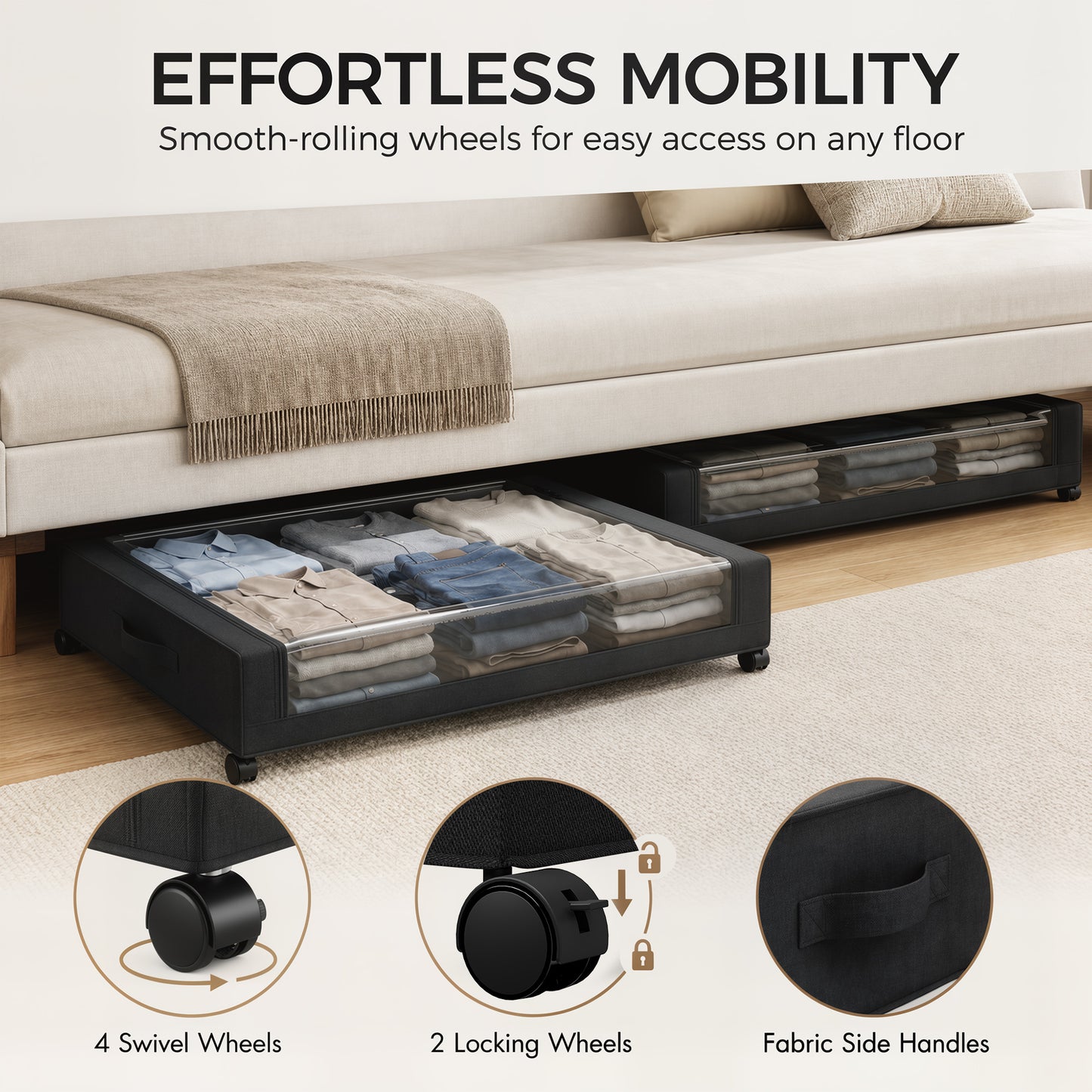 HOMCOM 40L Under Bed Storage On Wheels Pack of 2, Fabric Rolling Under Bed Drawers with Clear Lid, Zip, Steel Frame, Black