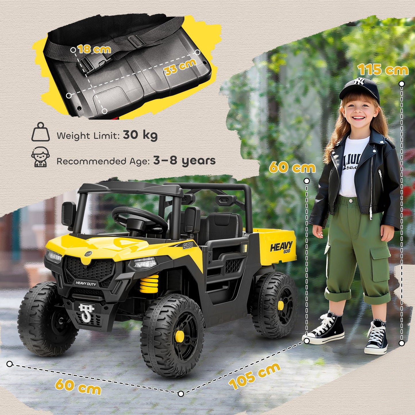 AIYAPLAY Kids Ride on Car, 12V Electric Kids UTV with Electric Dump Bed, 4-Wheel Suspension for 3-8 Years, Yellow