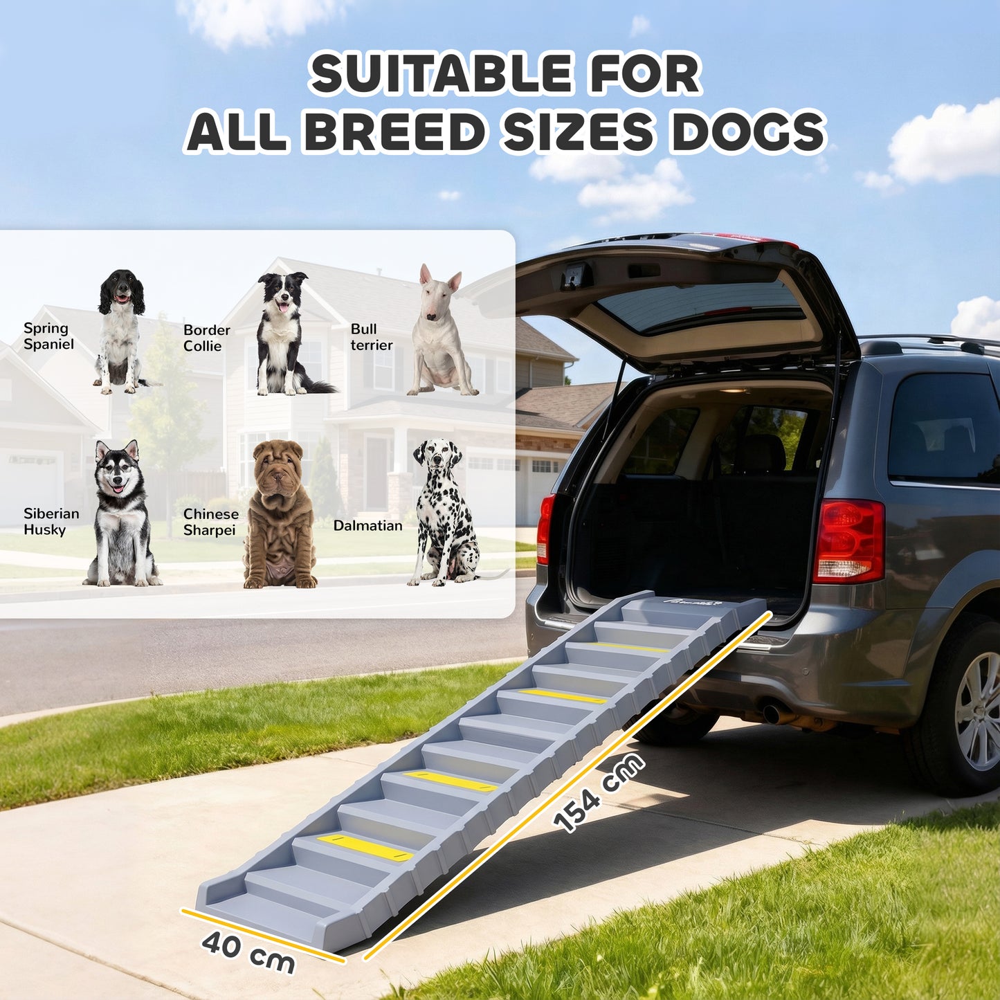 PawHut Dog Car Ramp with Anti-Slip Steps, 10-Steps Pet Stairs for Pets to Access Cars and High Beds, Grey