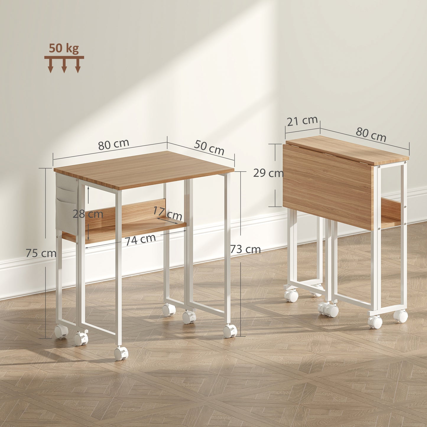 HOMCOM 80 cm Folding Desk with Storage Shelf and Drop Leaf on Wheels - Natural Wood Finish