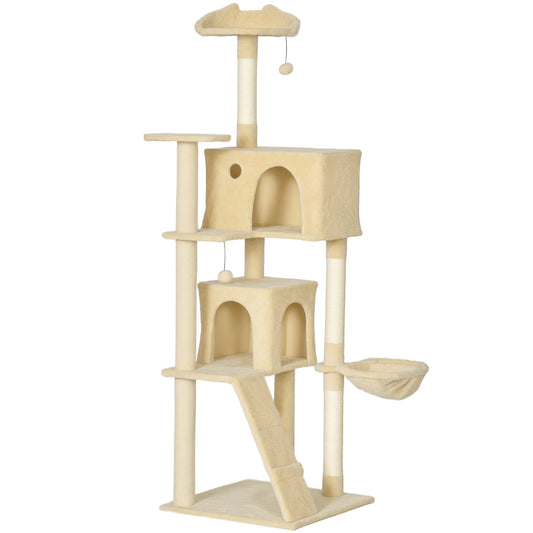 PawHut 180cm Large Cat Tree Tower with Sisal Scratching Posts, Condos, Plush Perches, Hammock, Ladder, Beige