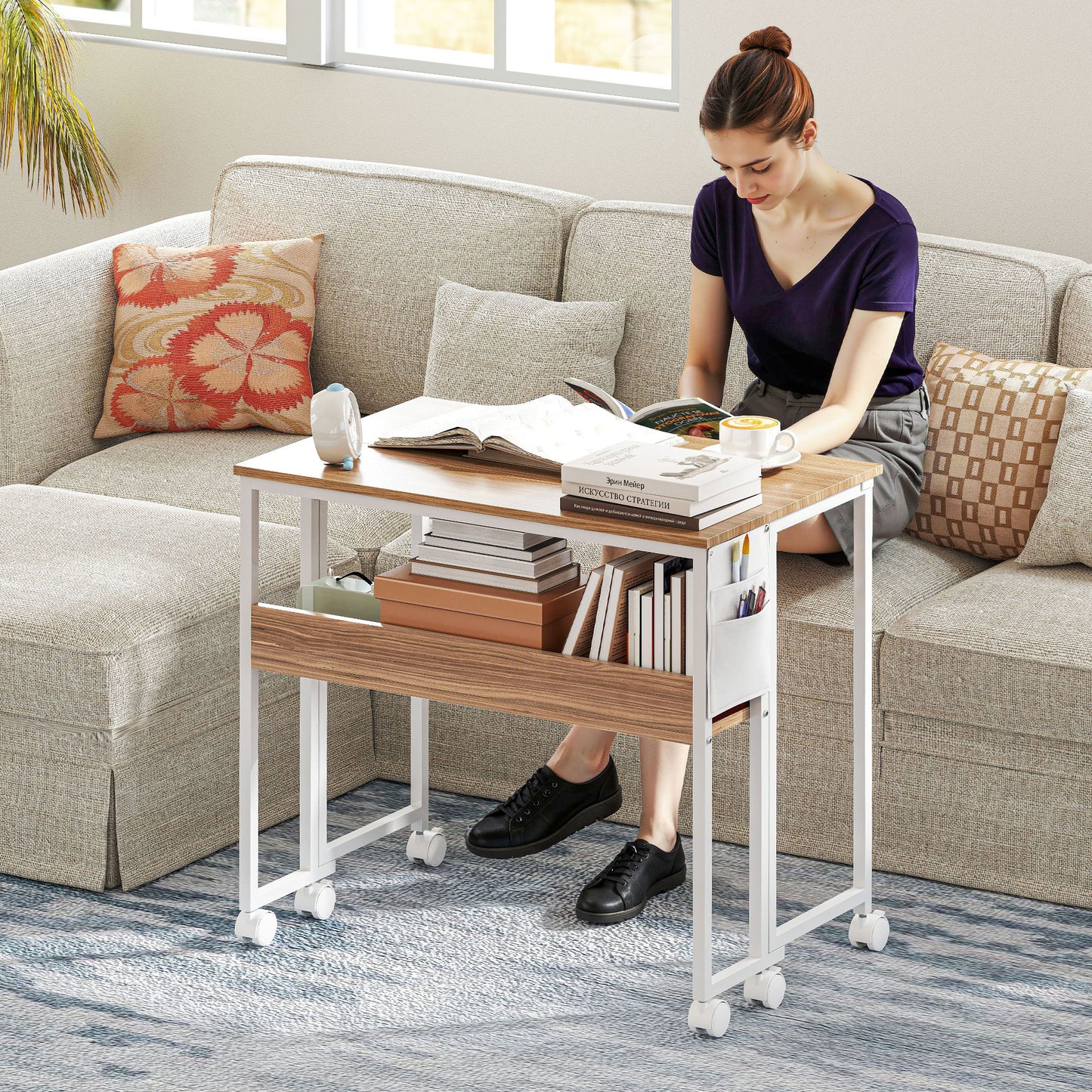 HOMCOM 80 cm Folding Desk with Storage Shelf and Drop Leaf on Wheels - Natural Wood Finish