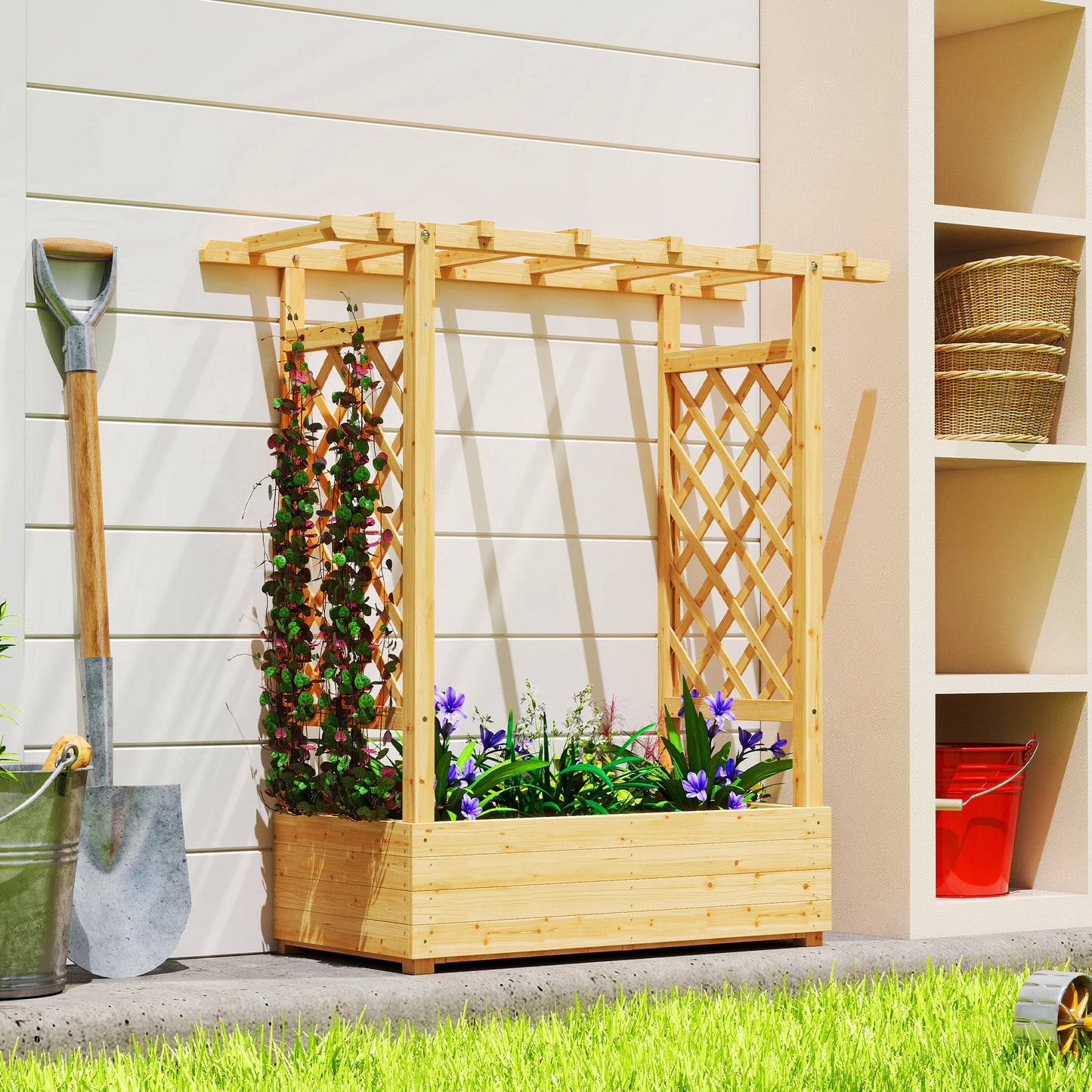 Outsunny Wooden Trellis Planter Box with Roof, Natural 110cm