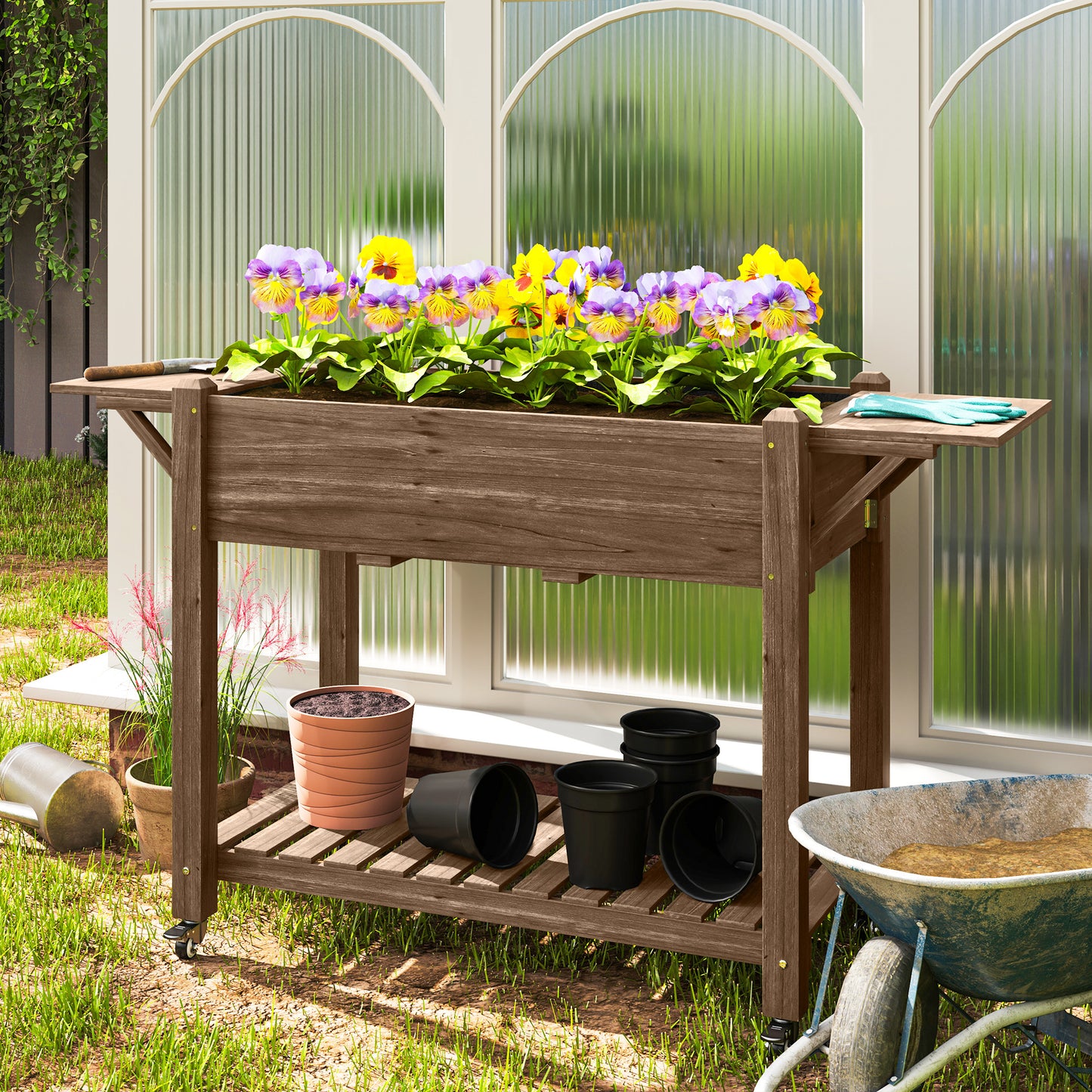 Outsunny Raised Garden Bed, Wooden Planter Box with Wheels, Side Tables & Bottom Shelf, Carbonised