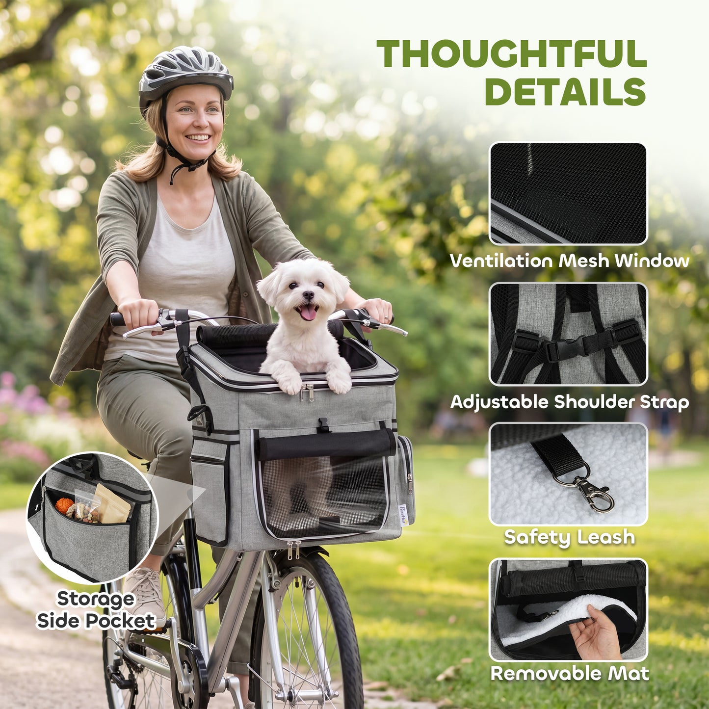 PawHut Dog Bike Basket, Soft-Sided Pet Carrier with Security Leash, Mesh Door & Window, Plush Cushion, Bowl, Light Grey